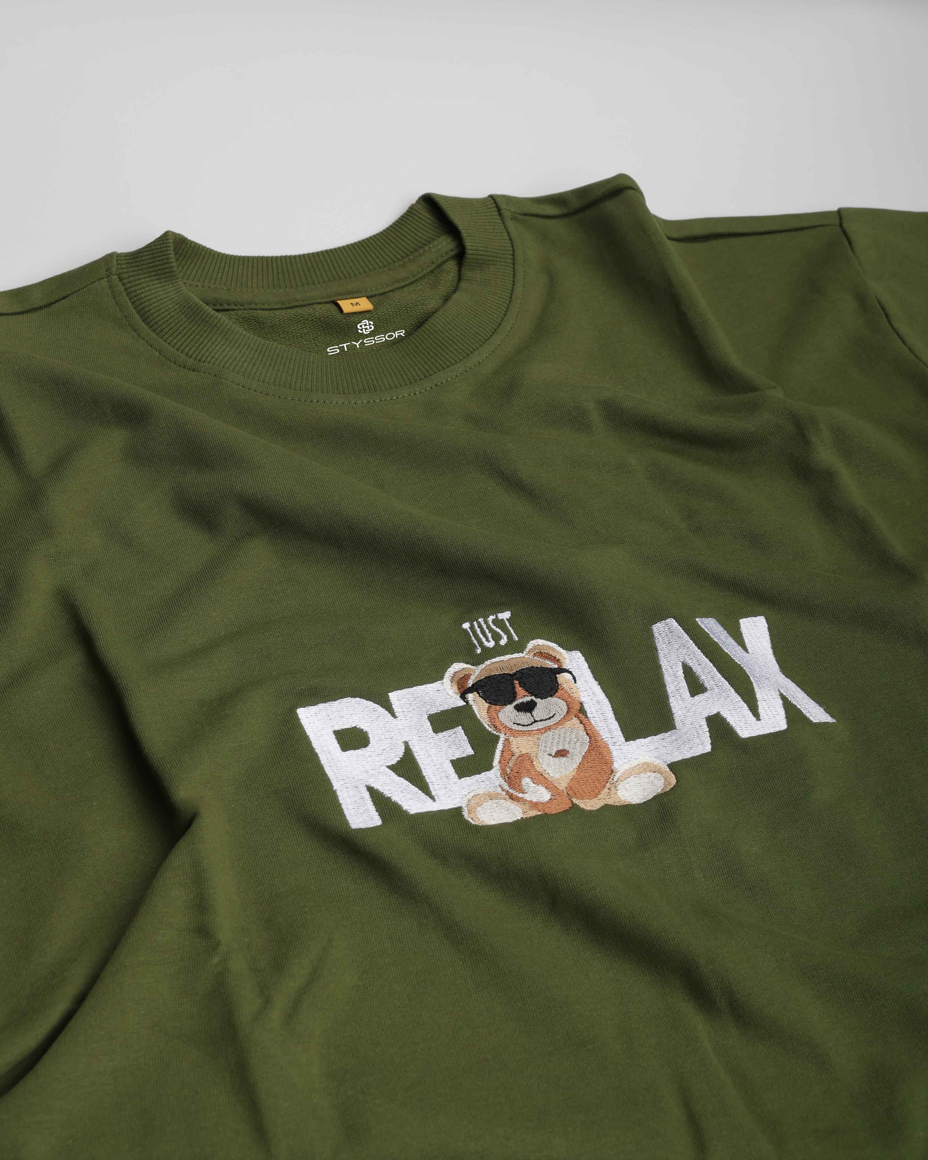 Just Relax Teddy Embroidery Green Oversized T-Shirt