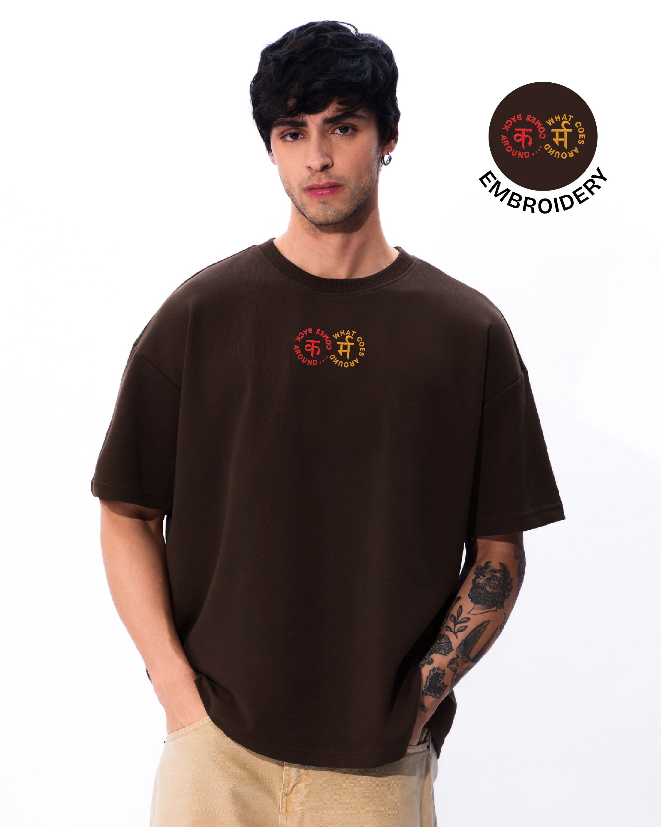 Karma Chakra Embroidery Brown Oversized T-Shirt