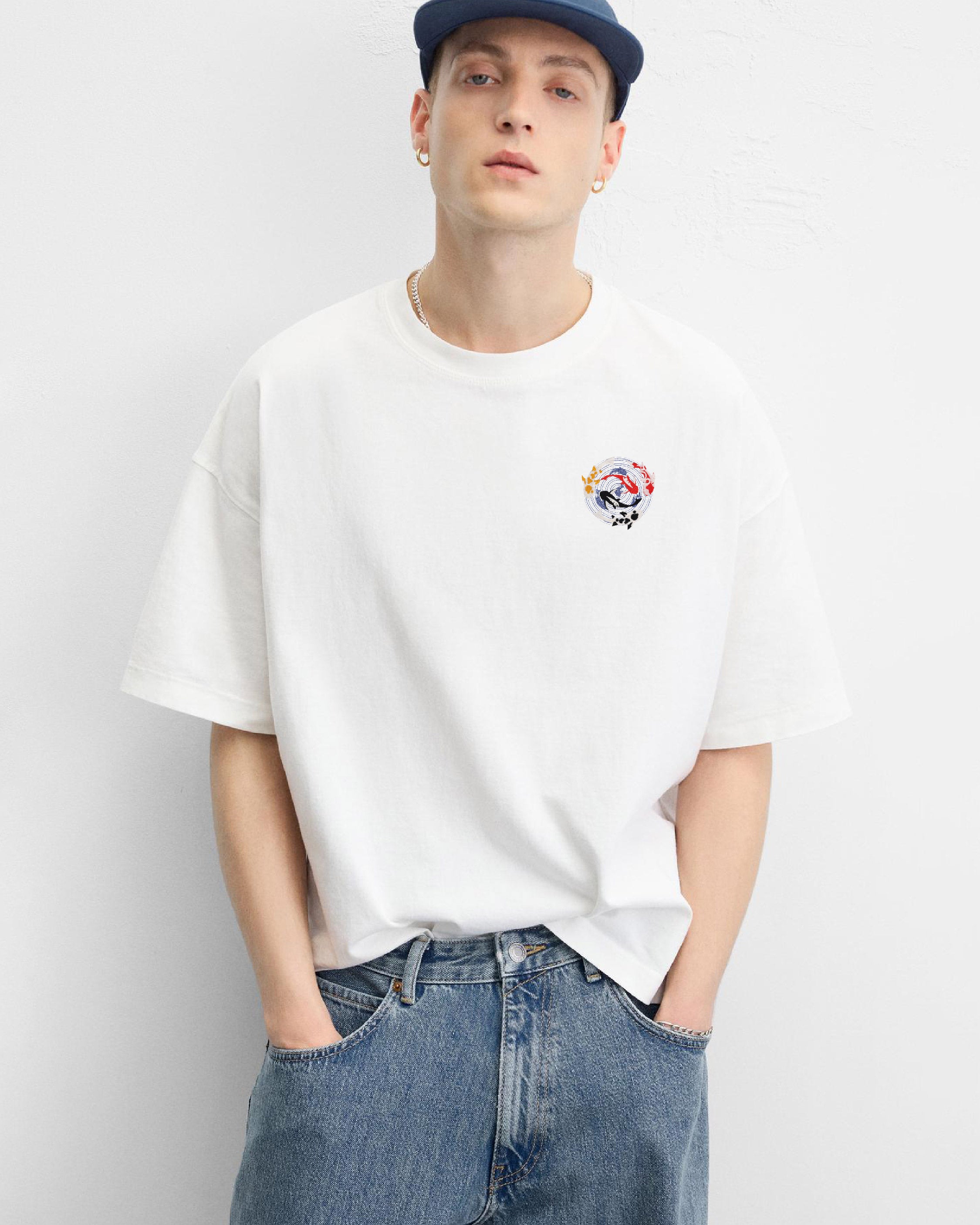 Koi Fish Embroidery White Oversized T-Shirt