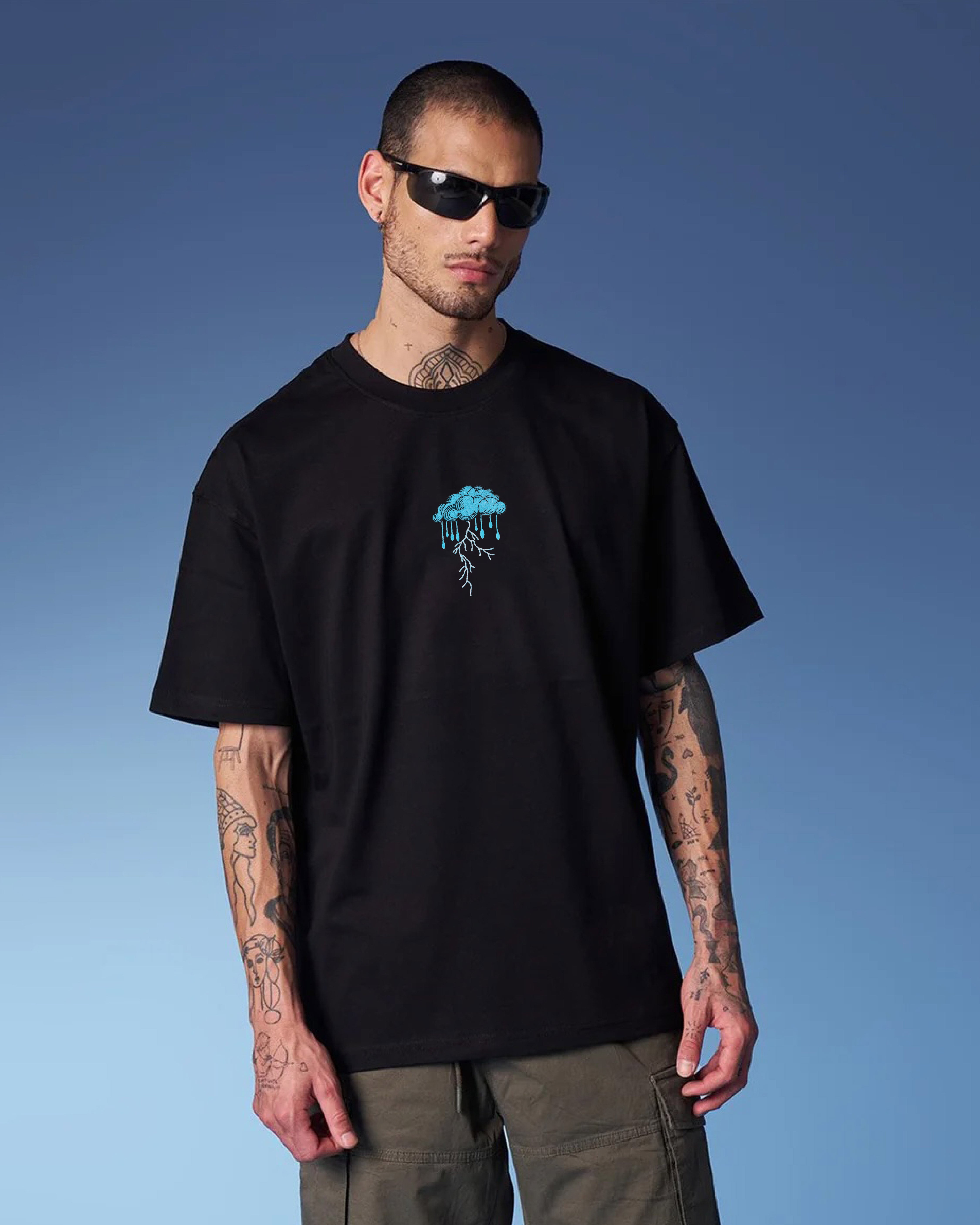 Shop Lightning Cloud Embroidery Black Oversized T-Shirt