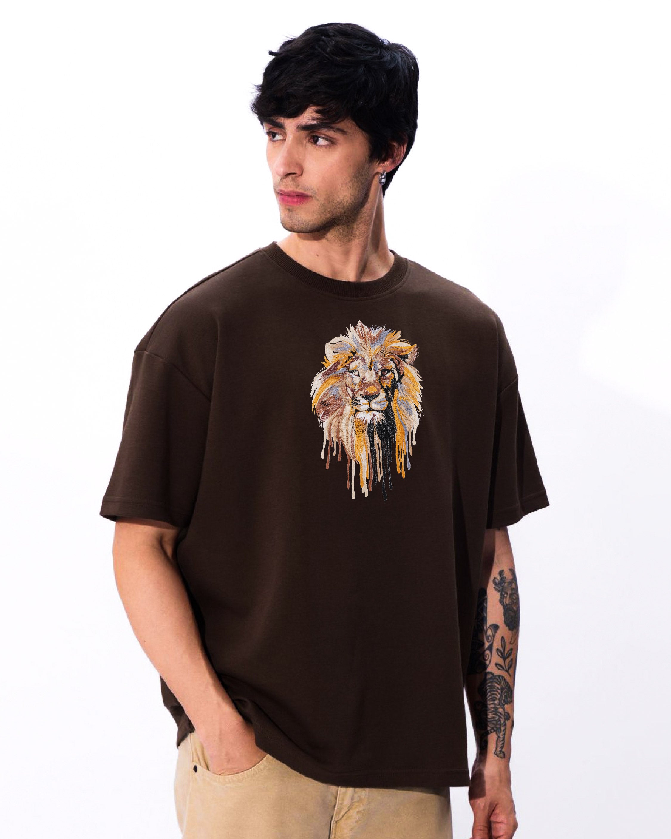 Lion Face Embroidery Brown Oversized T-Shirt1
