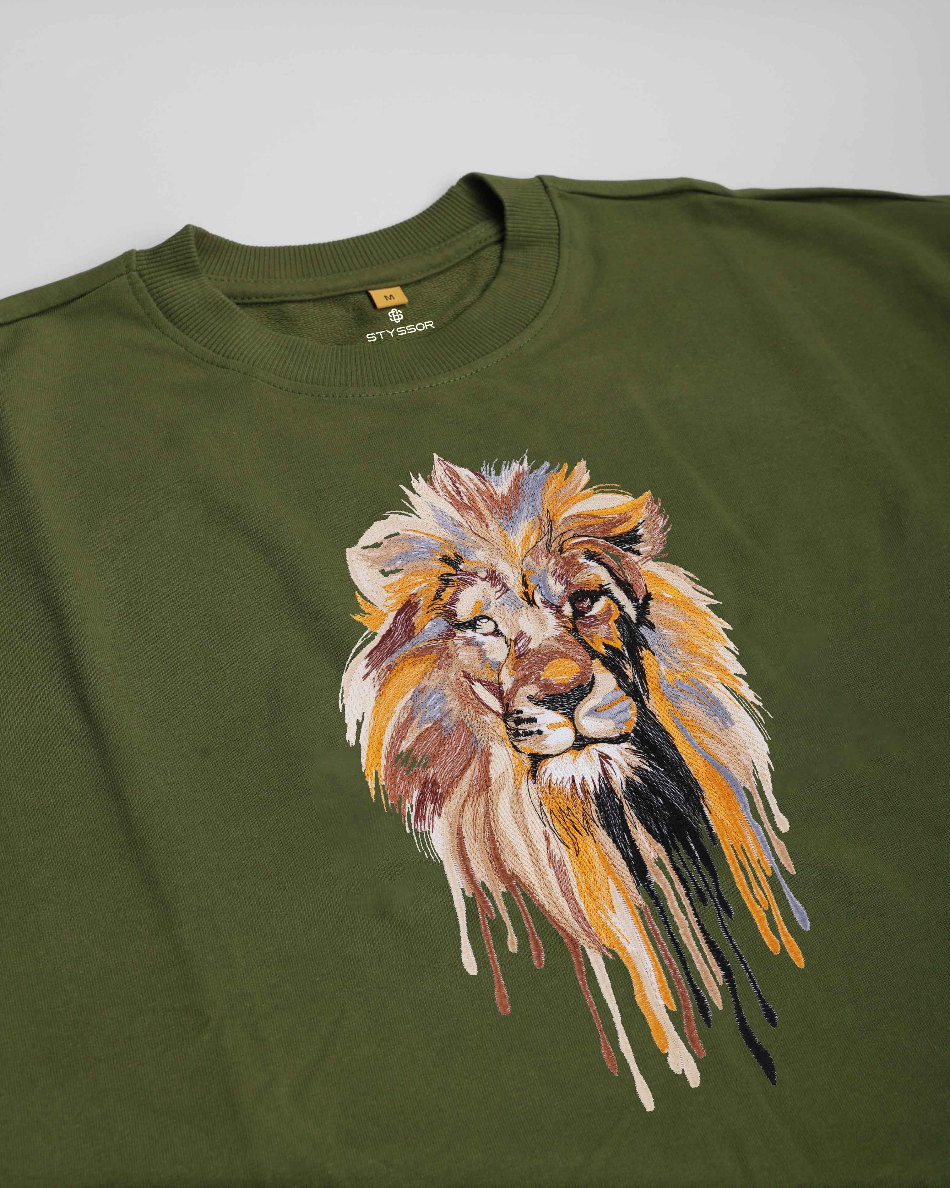 Lion Face Embroidery Green Oversized T-Shirt