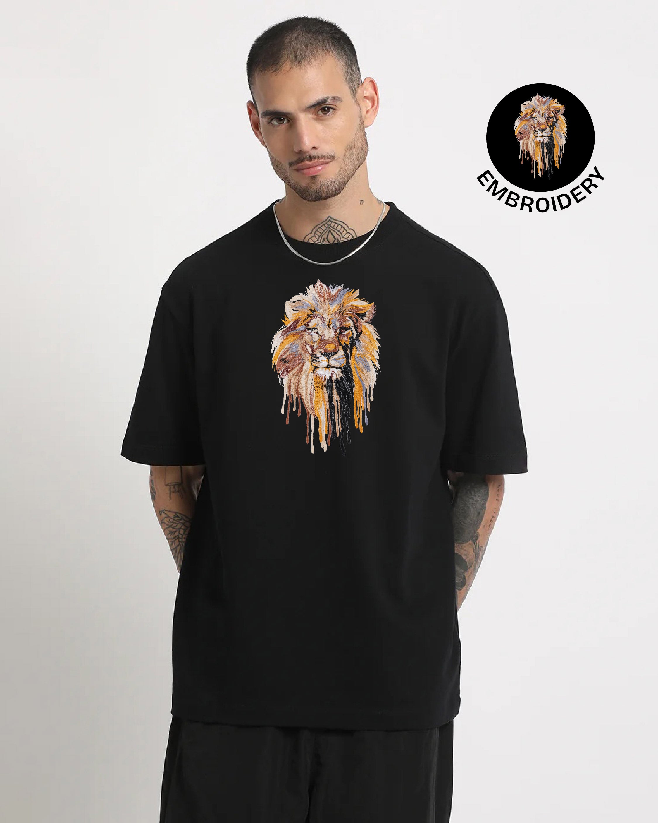 Lion Face Embroidery Black Oversized T-Shirt web