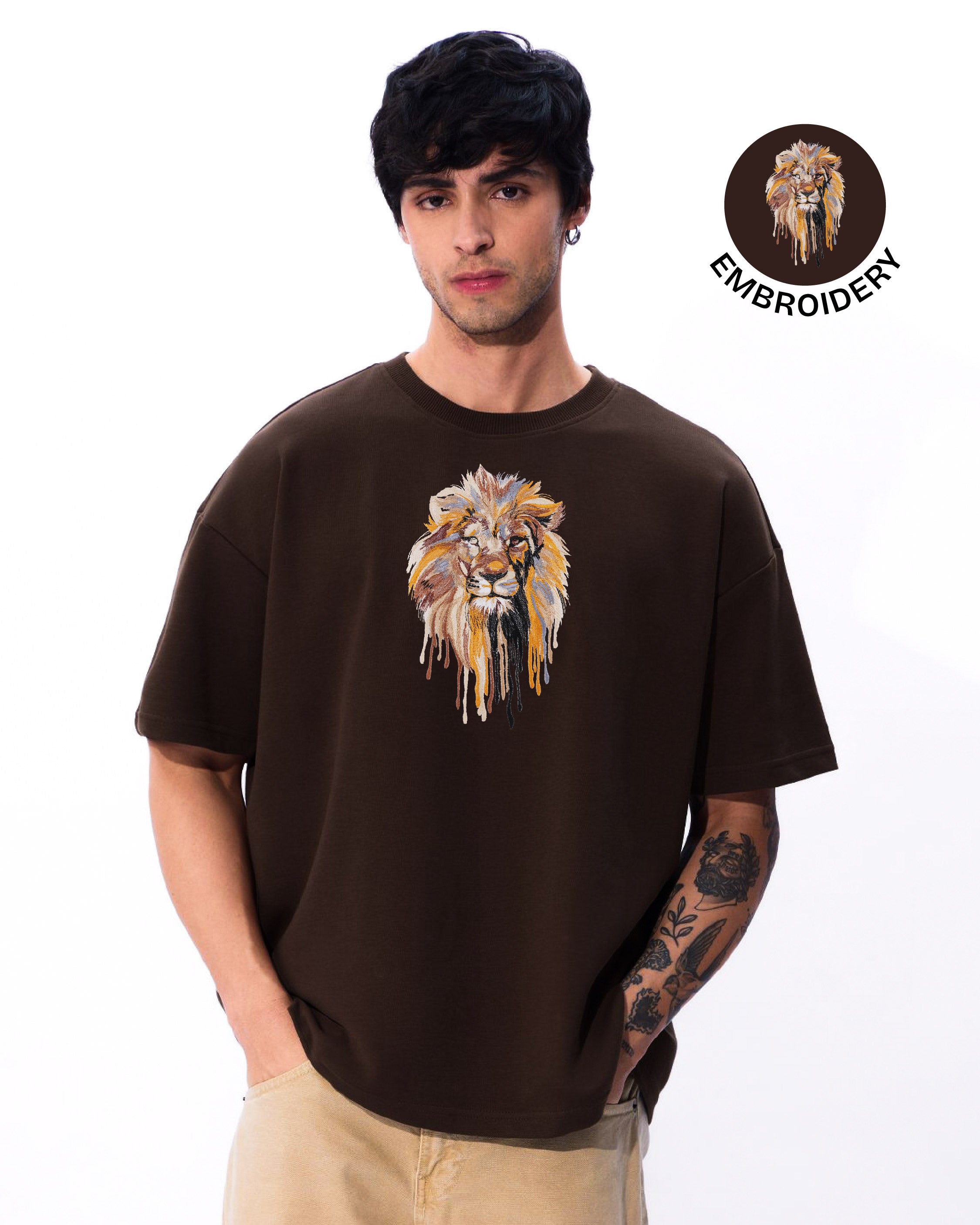 Lion Face Embroidery Brown Oversized T-Shirt web