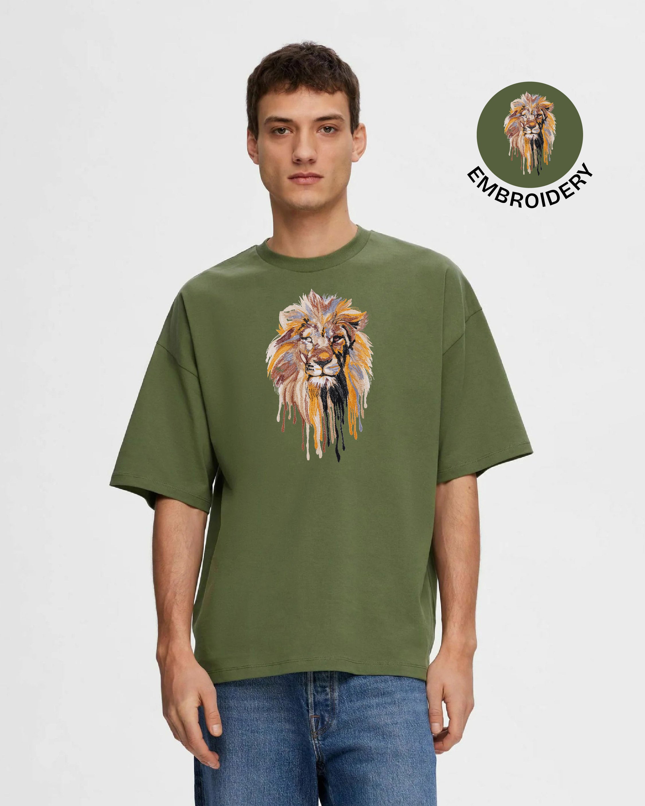 Lion Face Embroidery Green Oversized T-Shirt web