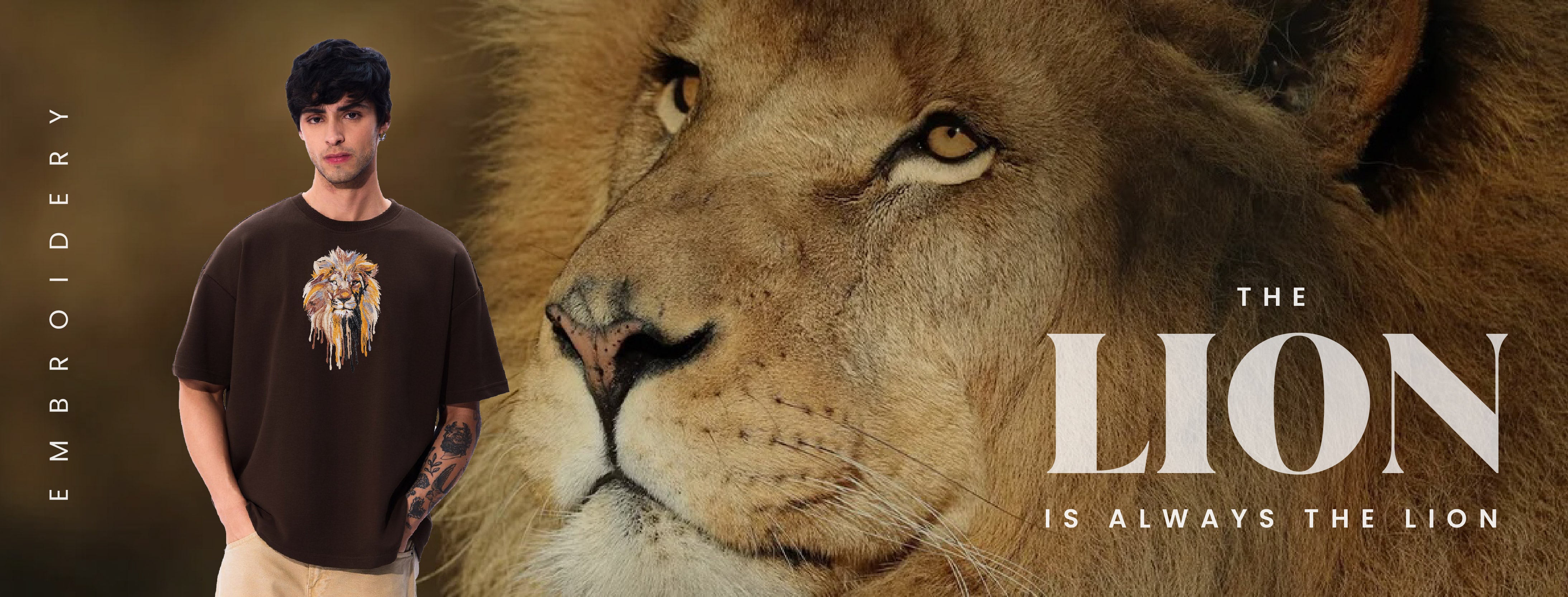 Lion Face Embroidery Brown Oversized T-Shirt Banner