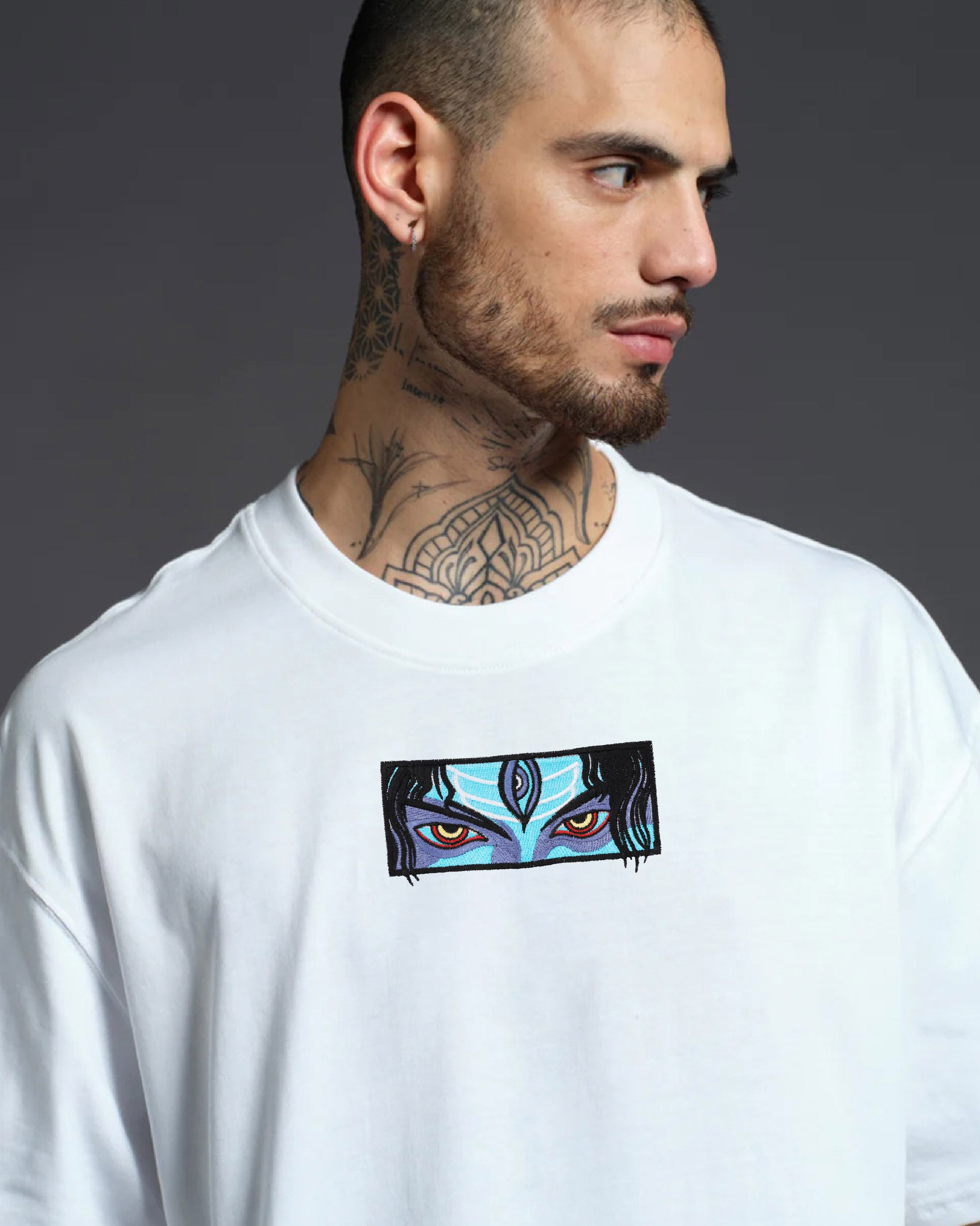Lord Shiva Eyes Embroidery White Oversized T-Shirt1
