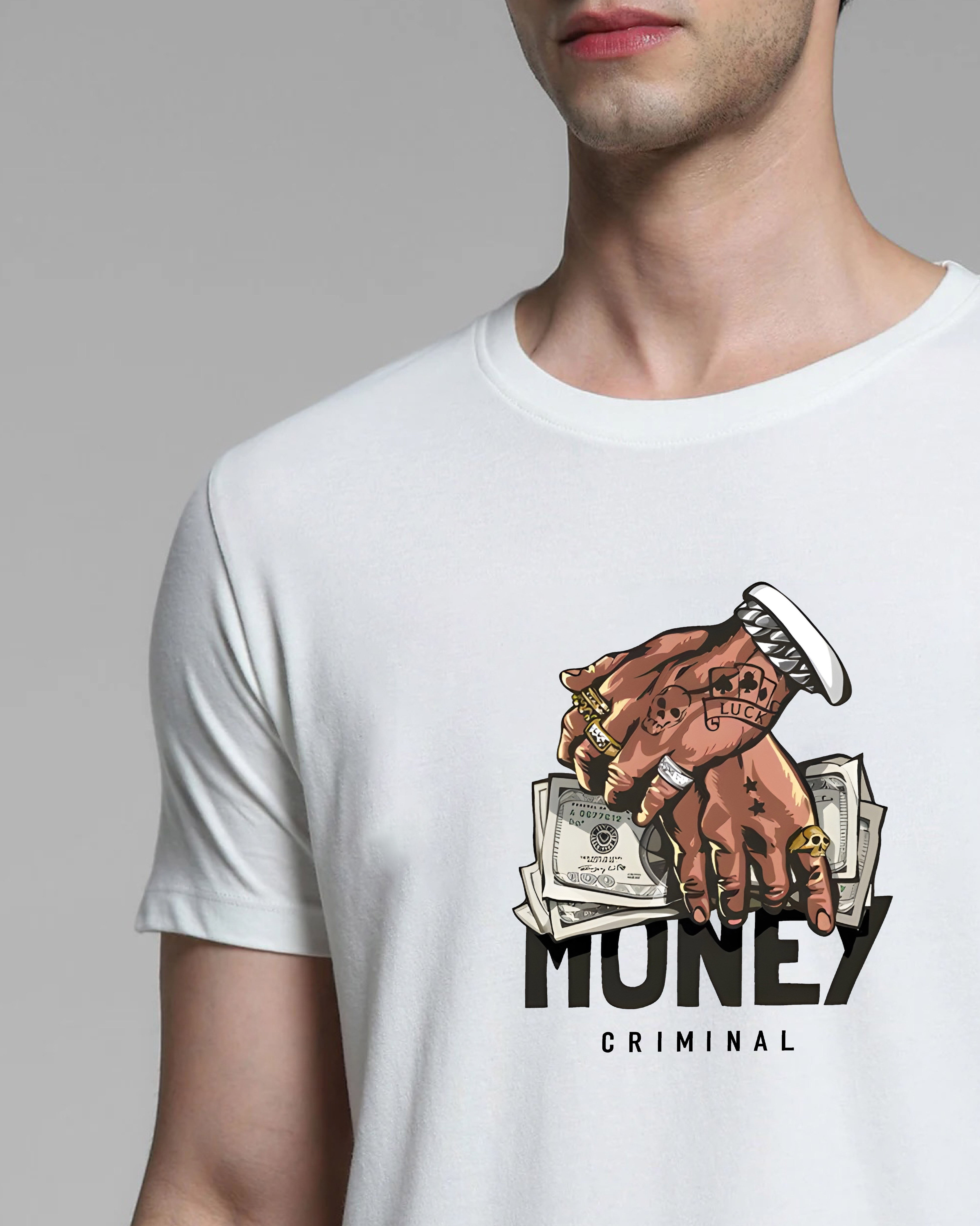 White t-shirt with a graphic design of hands holding money and the text 'Money Criminal' on a gray background.