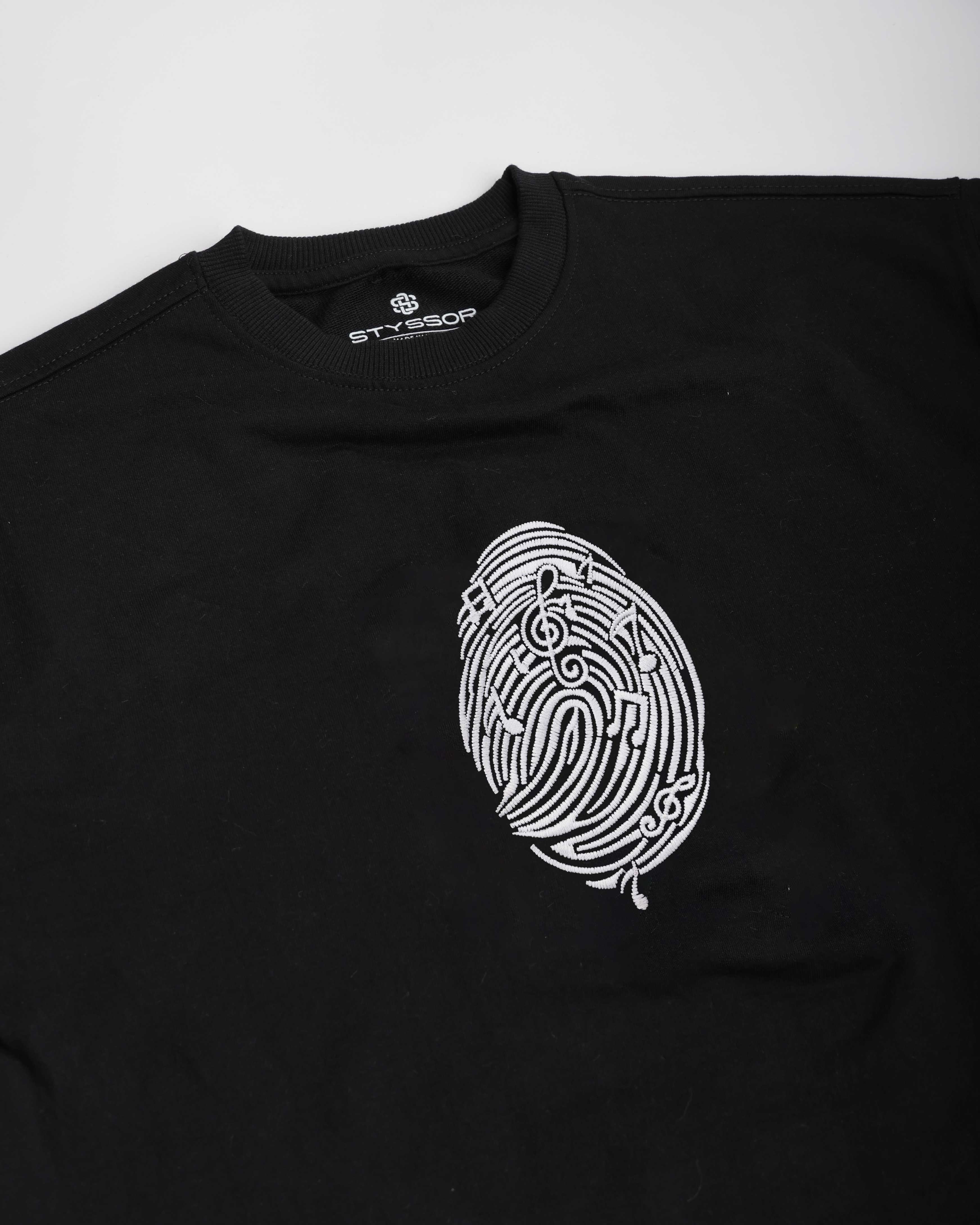Musical Finger Embroidery Black Oversized T-Shirt