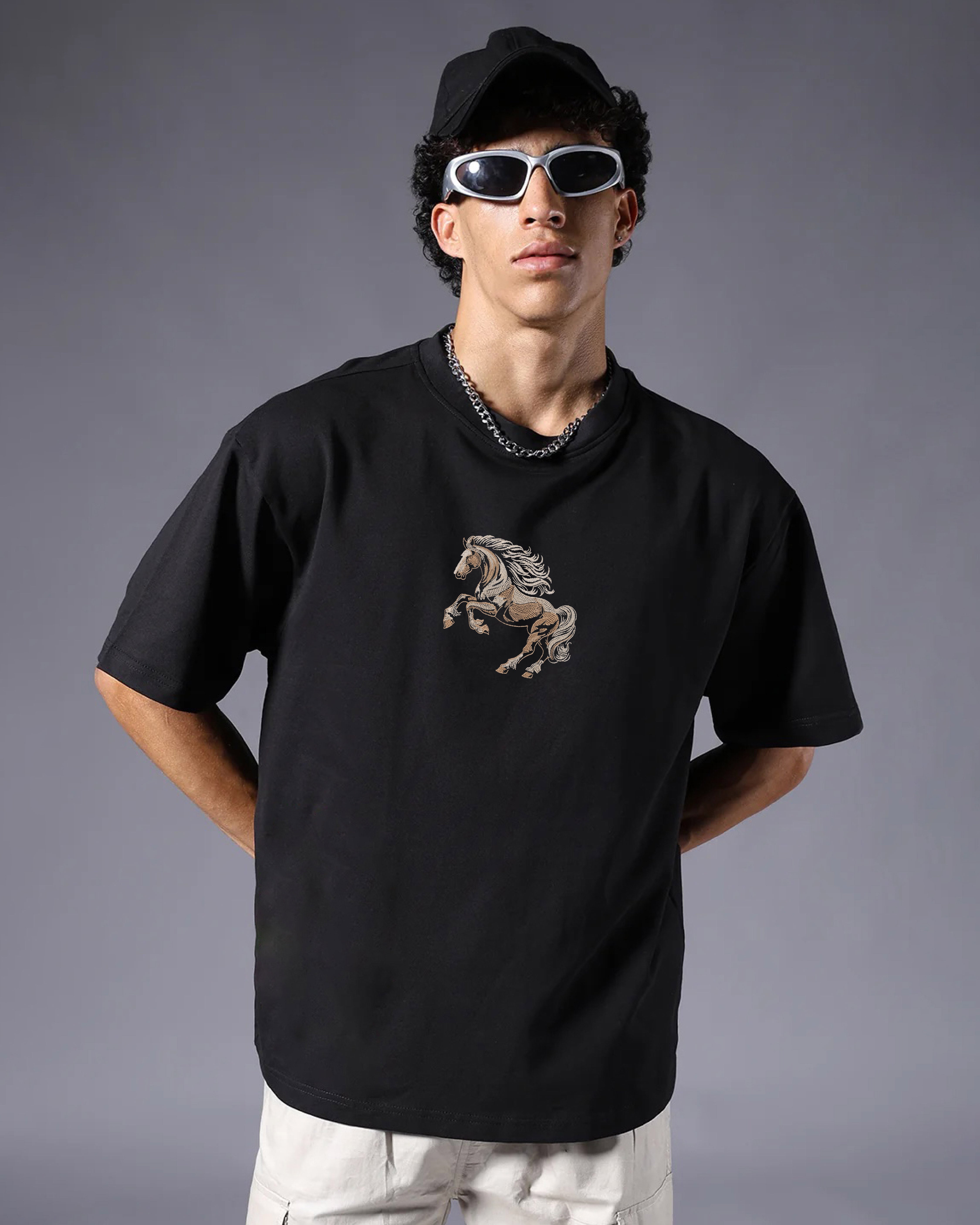 Buy Noble Horse Embroidery Black Oversized T-Shirt