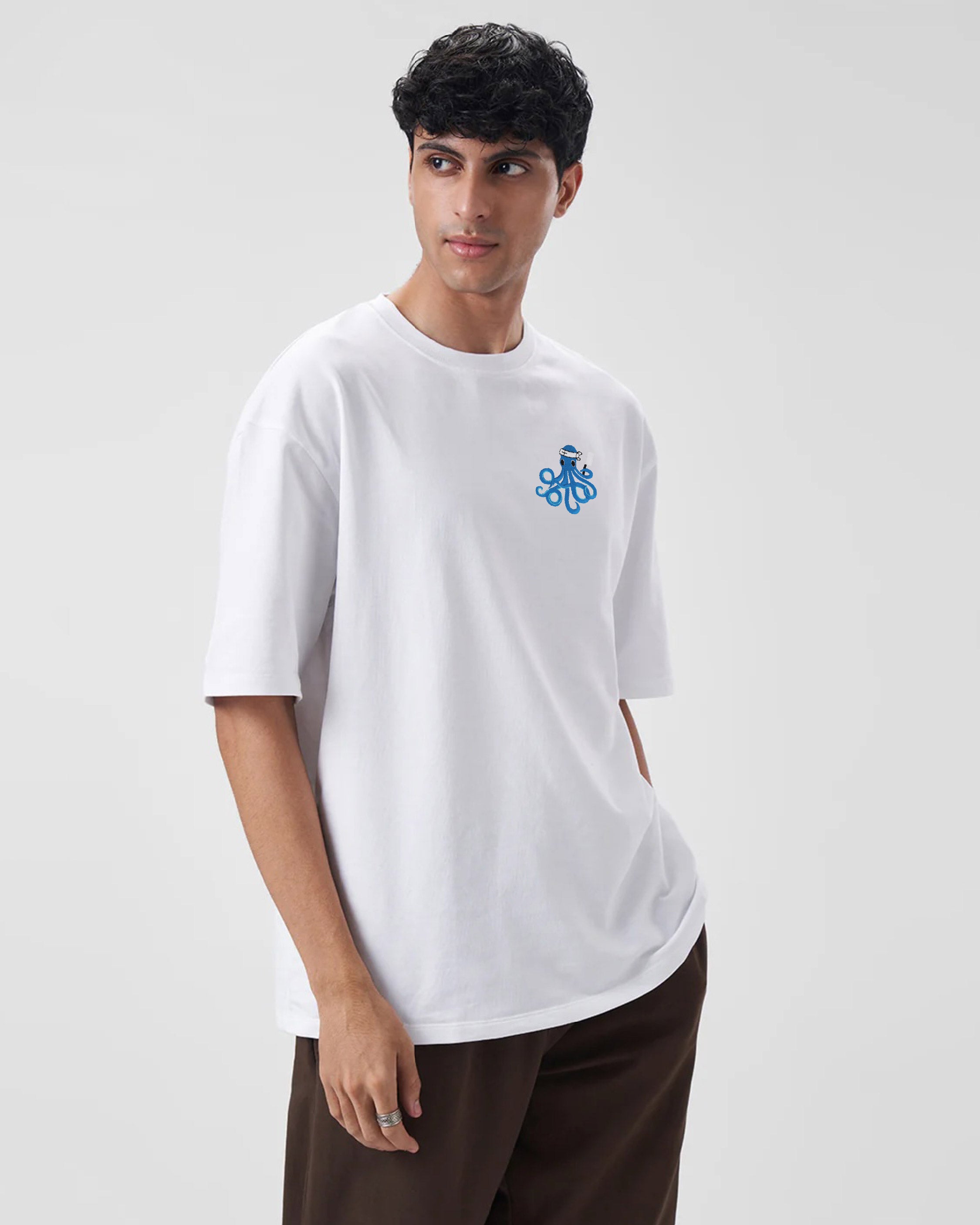 Octopus Wildlife Embroidery White Oversized T-Shirt