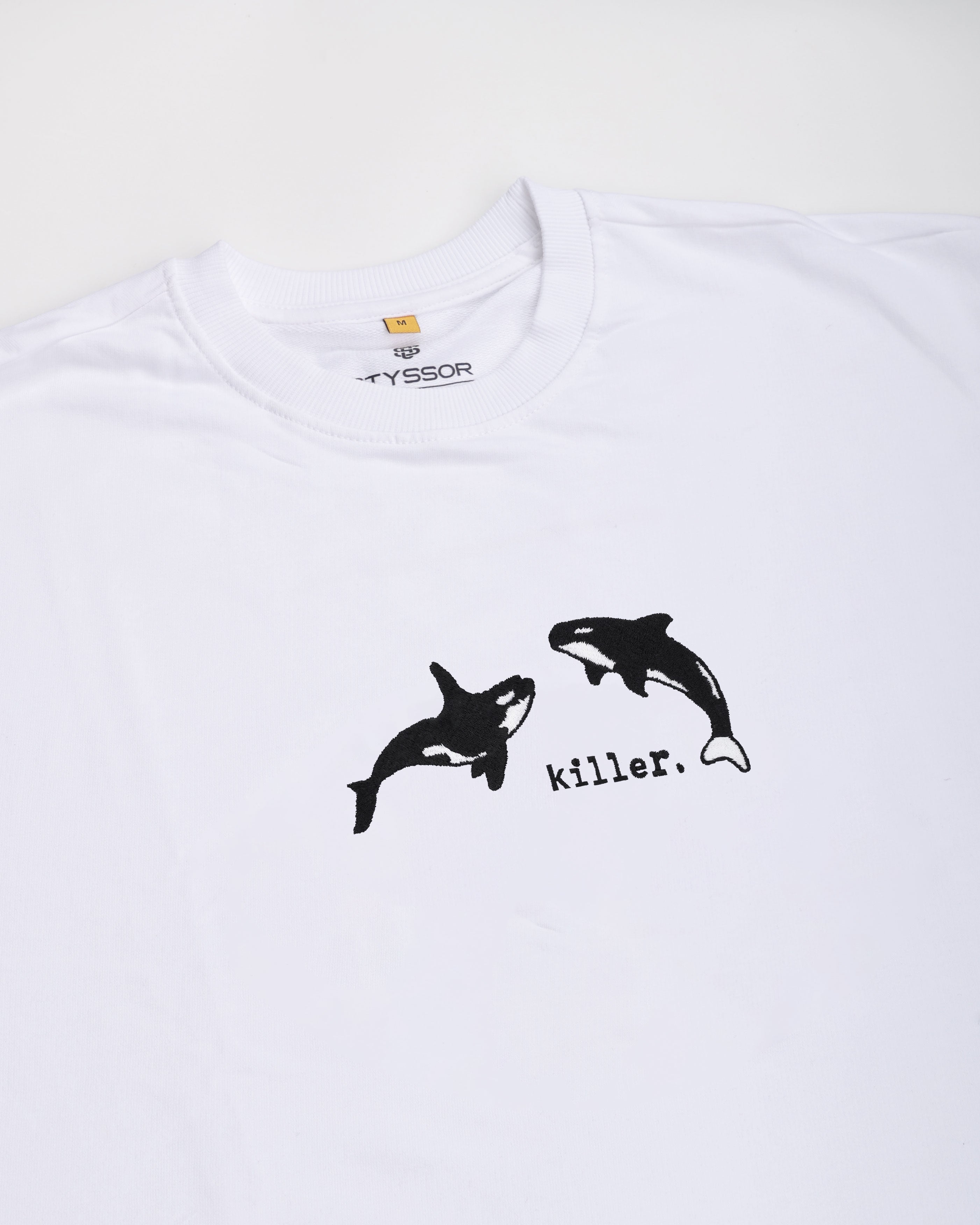 Orca Killer Whale Embroidery White Oversized T-Shirt