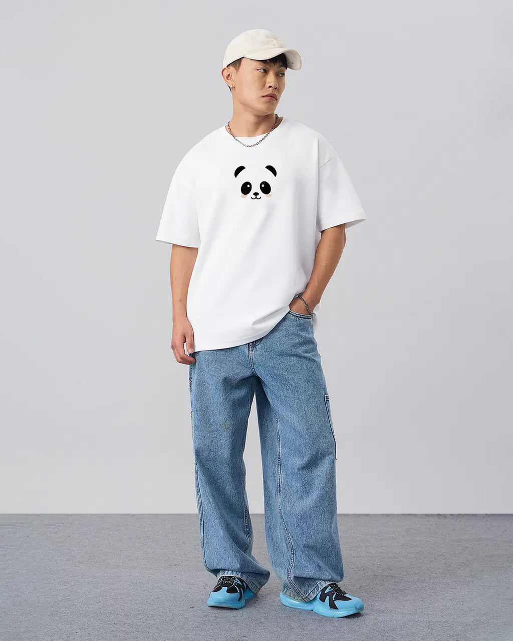 Panda Face Embroidery White Oversized T-Shirt
