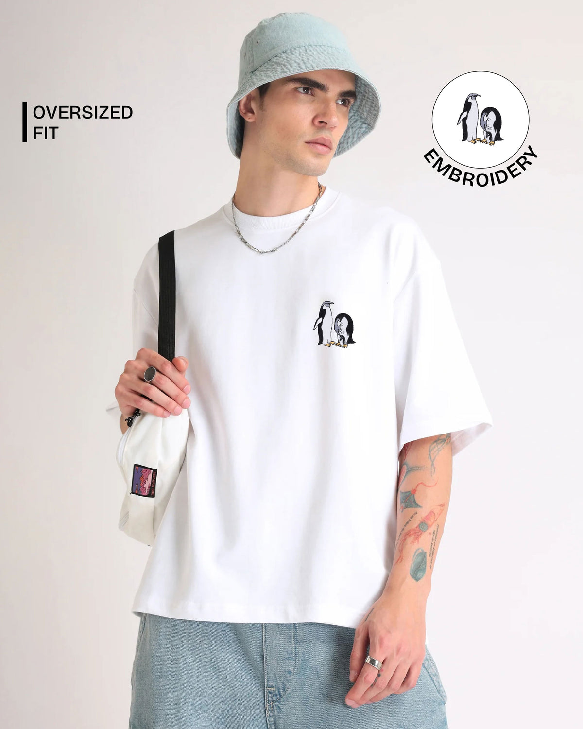 Penguin Wildlife Embroidery Oversized T-Shirt