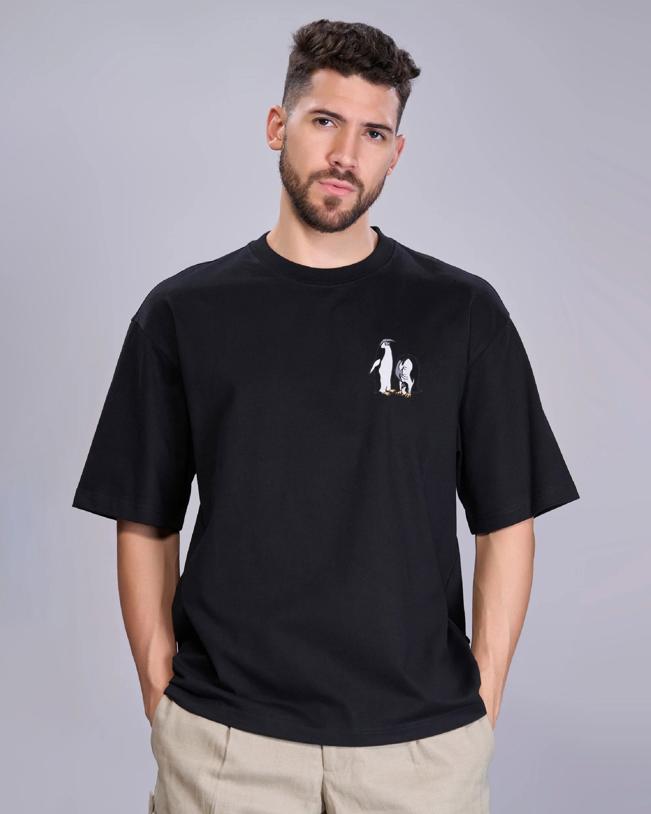 Penguin Wildlife Embroidery Oversized Black T-Shirt