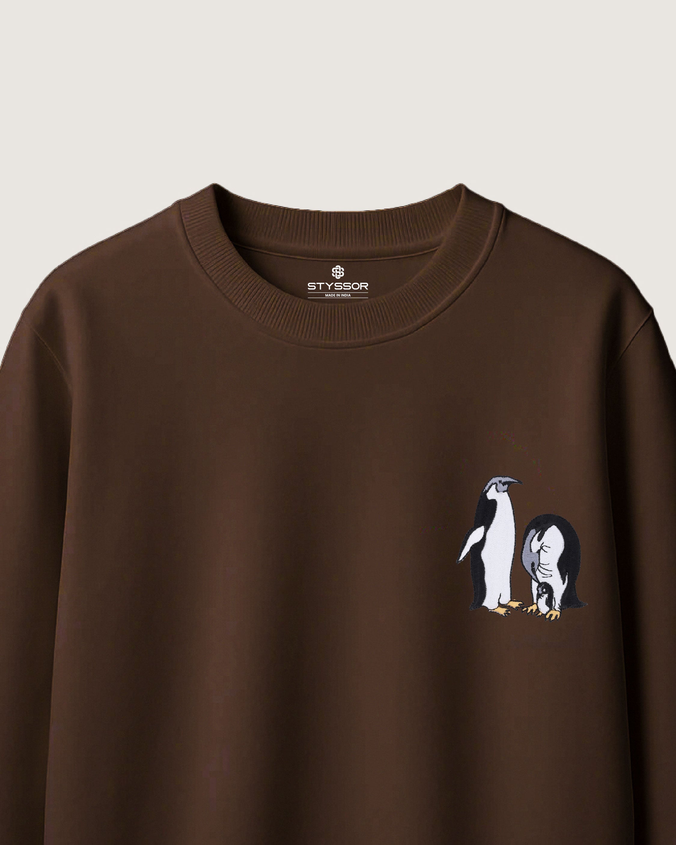 Penguin Wildlife Embroidery Oversized Brown T-Shirt