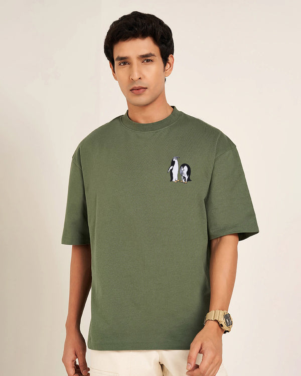 Penguin Wildlife Embroidery Oversized Green T-Shirt