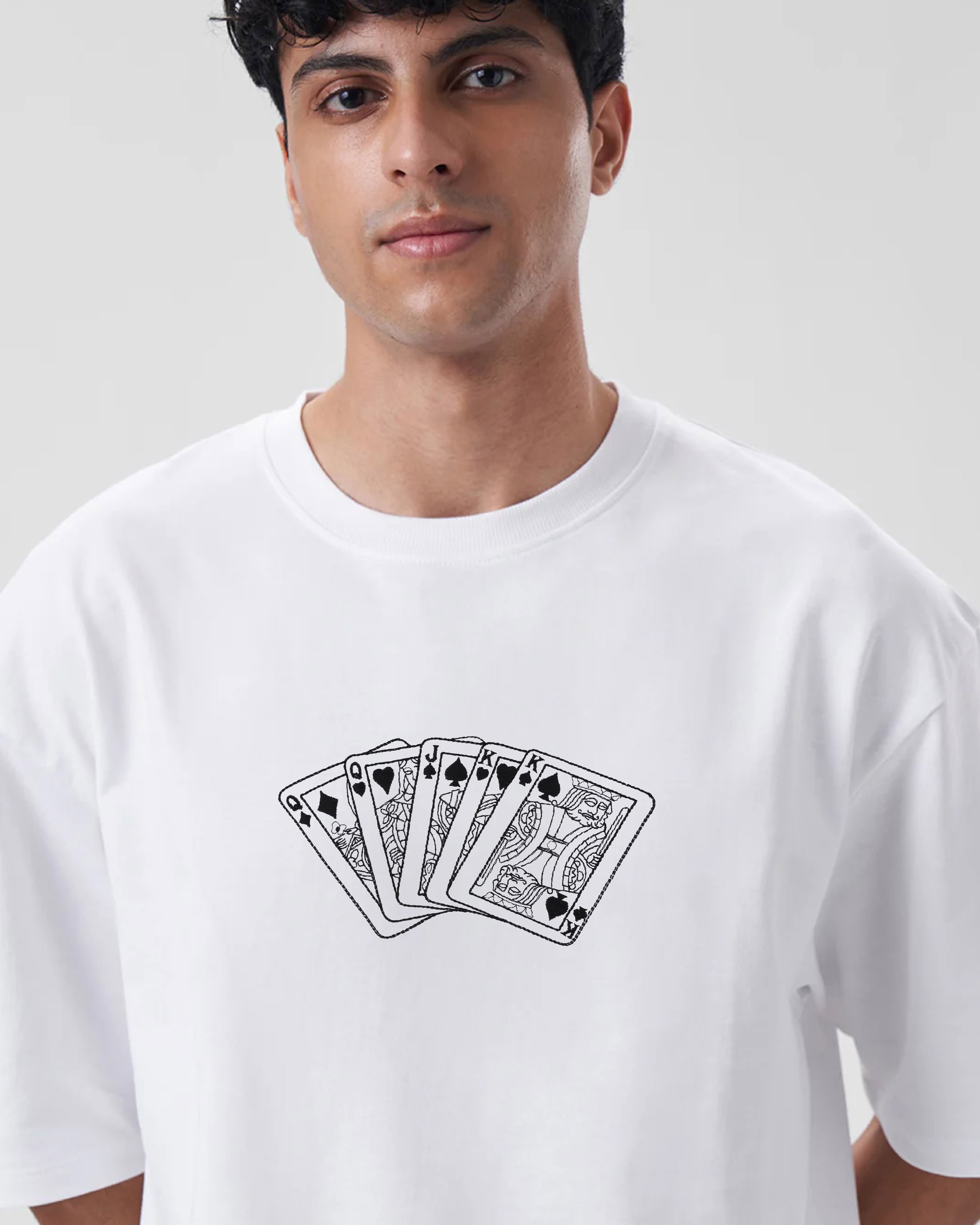 Playing Card Embroidery White Oversized T-Shirt