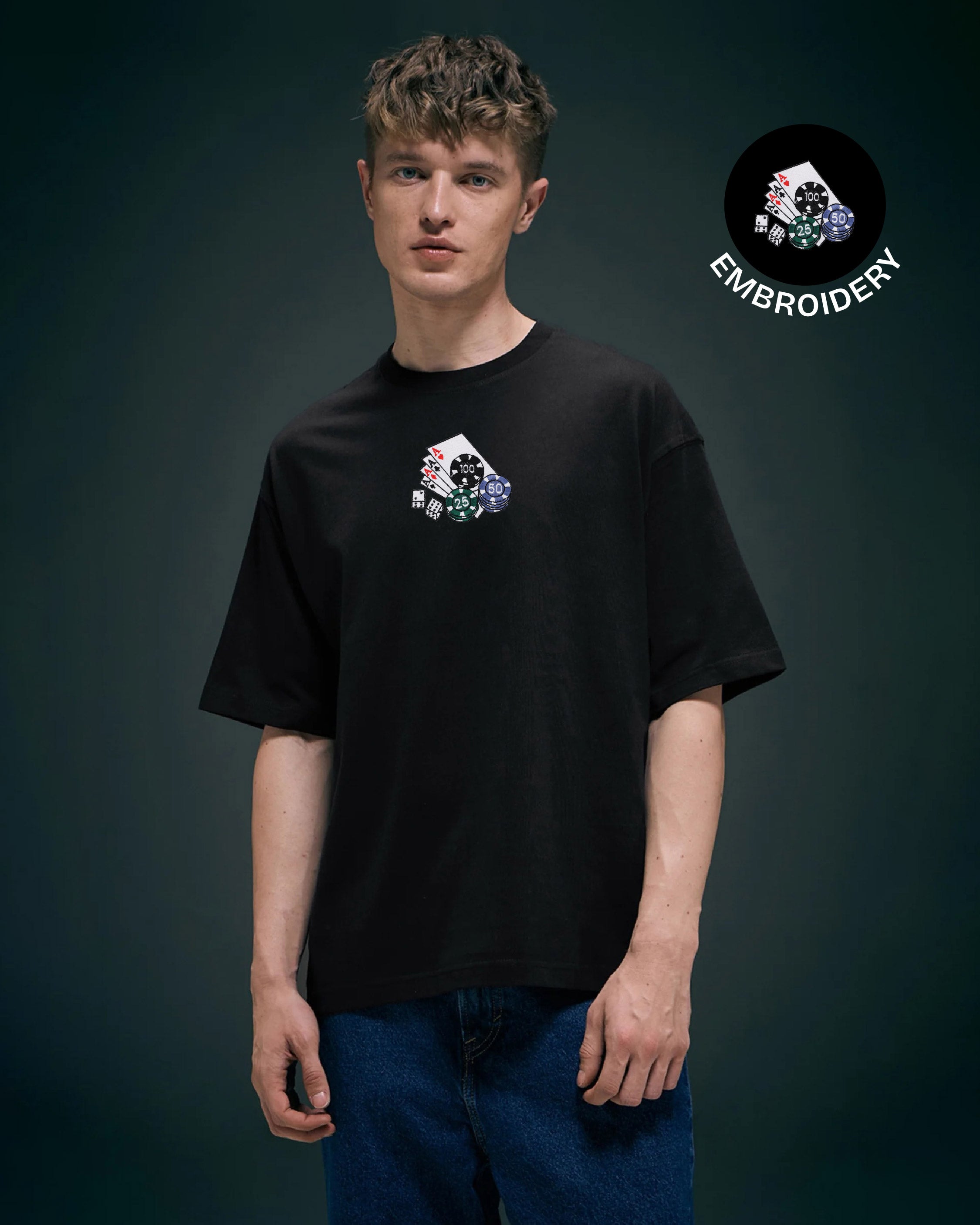 Poker Embroidery Black Oversized T-Shirt web