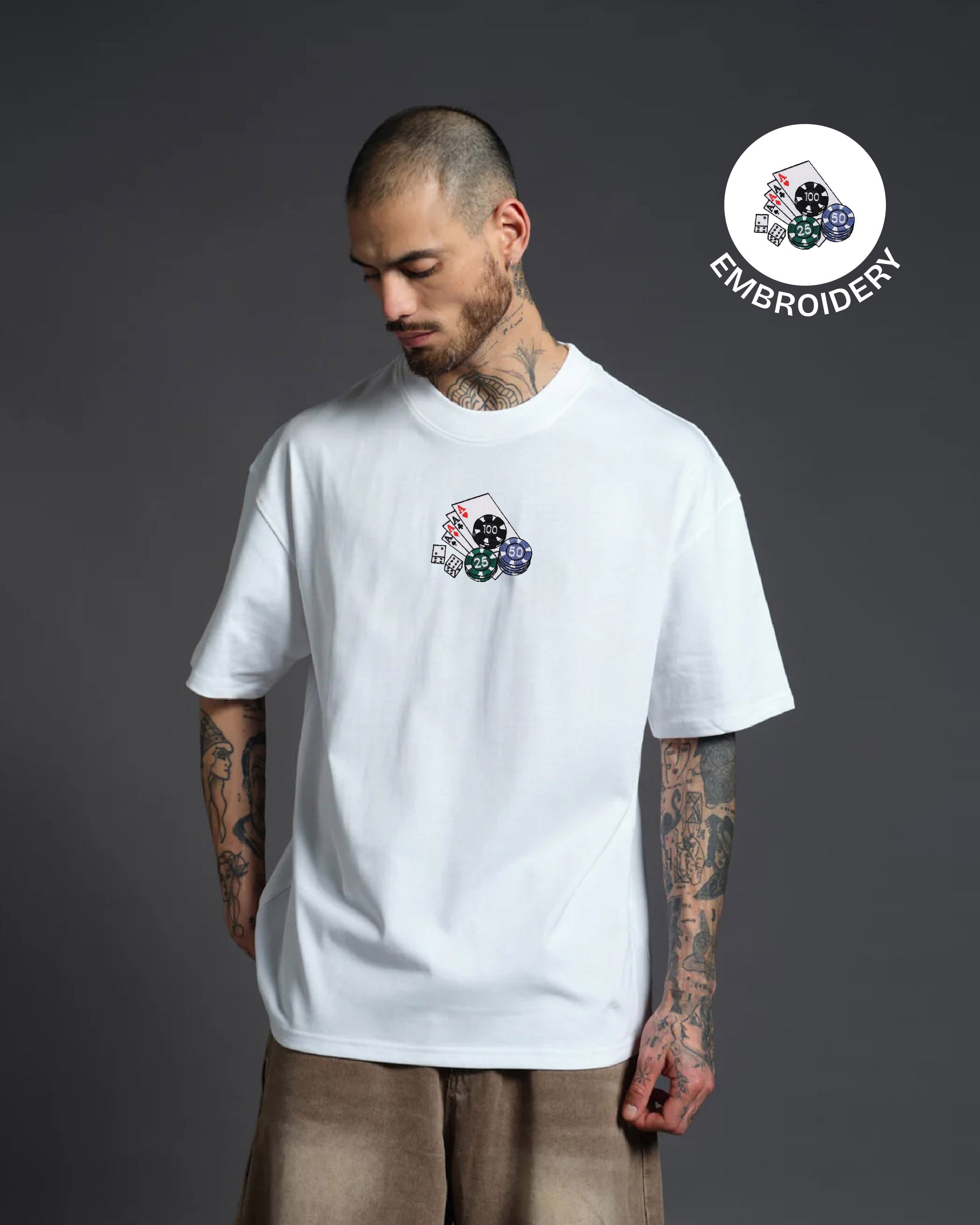 Poker Embroidery White Oversized T-Shirt