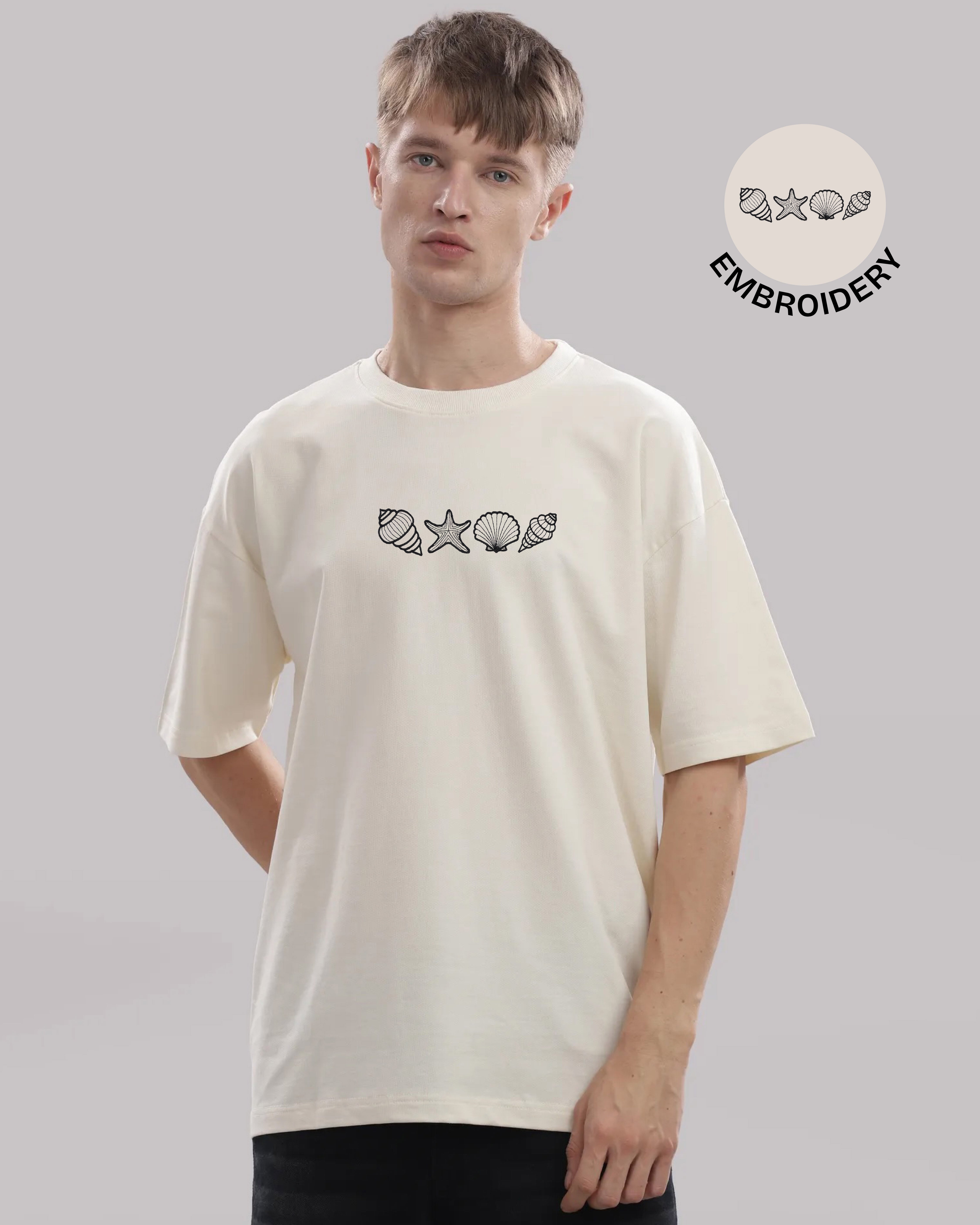 Seashell Embroidery Off-White Oversized T-Shirt