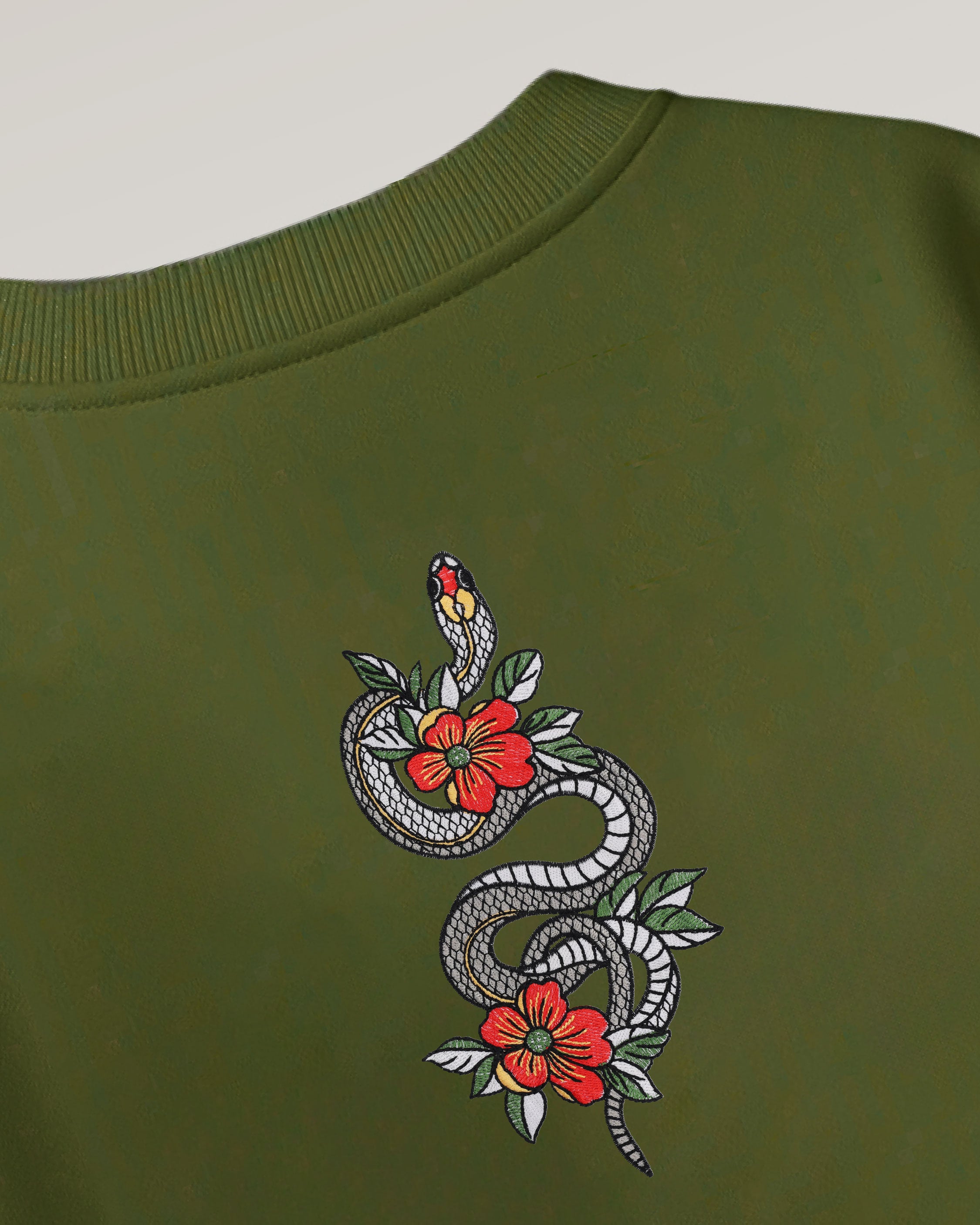 Snake & flowers Embroidery Green Oversized T-Shirt
