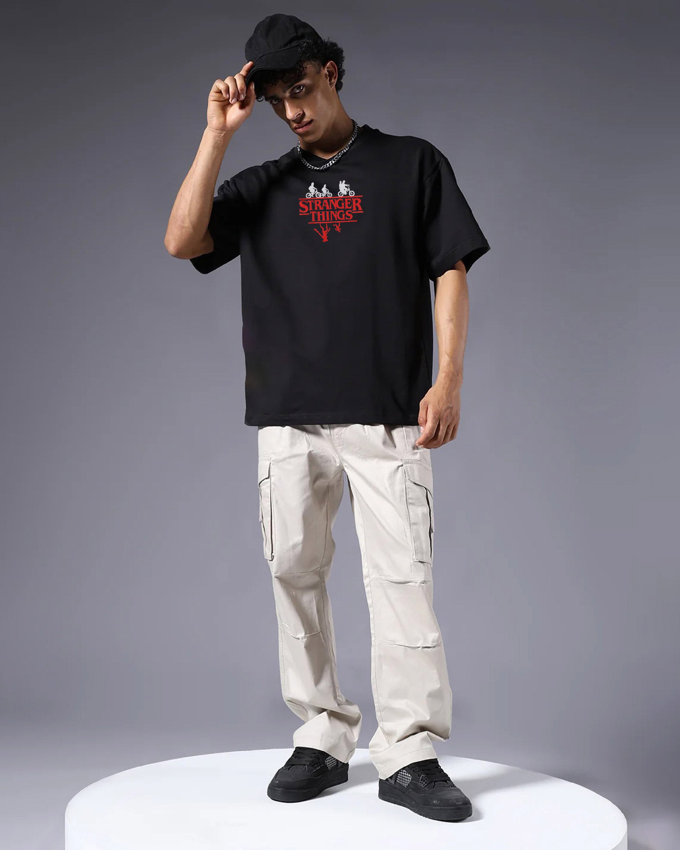 Stranger Things Embroidery Black Oversized T-Shirt