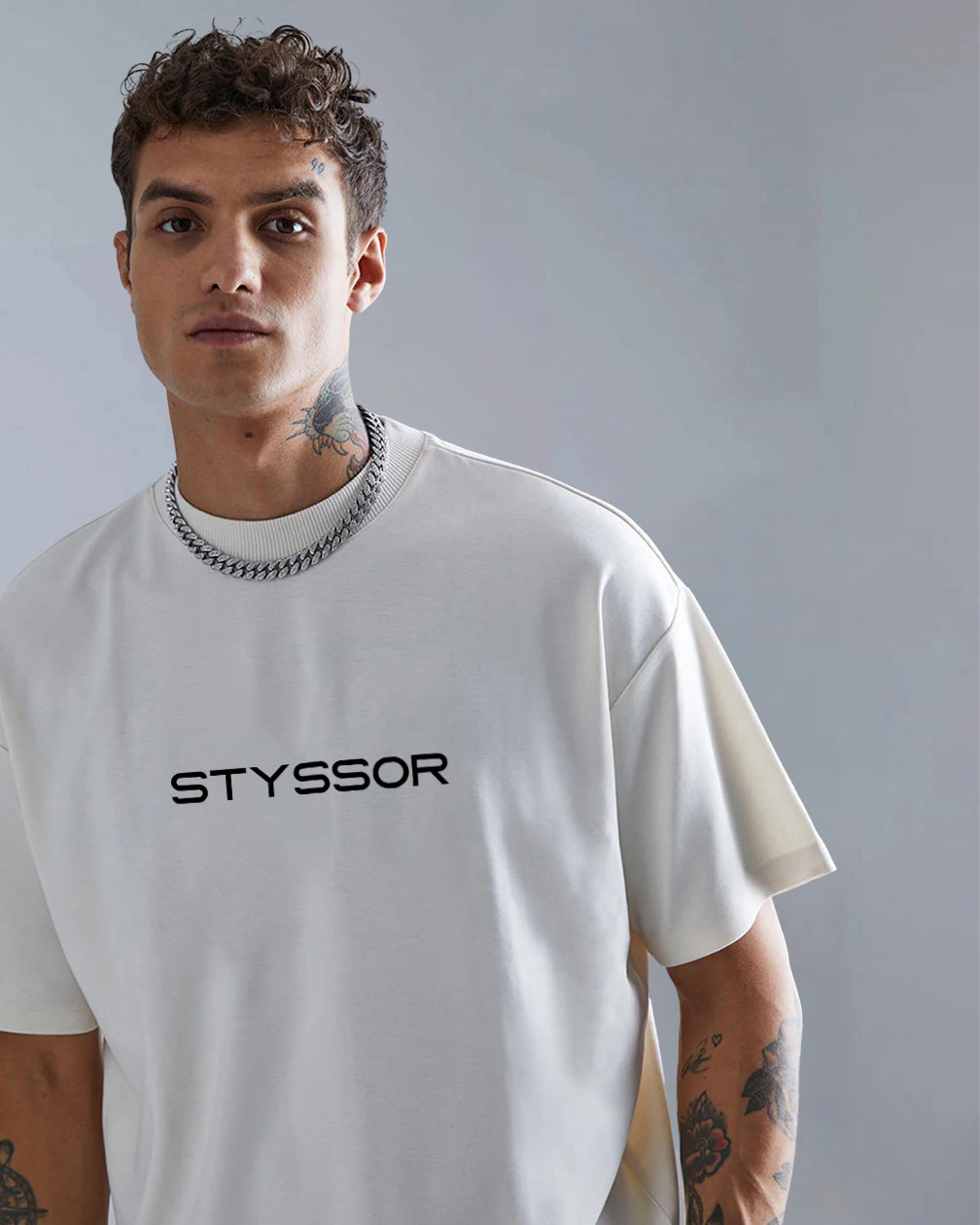 Styssor Men White Premium Embroidery Oversized T-Shirt