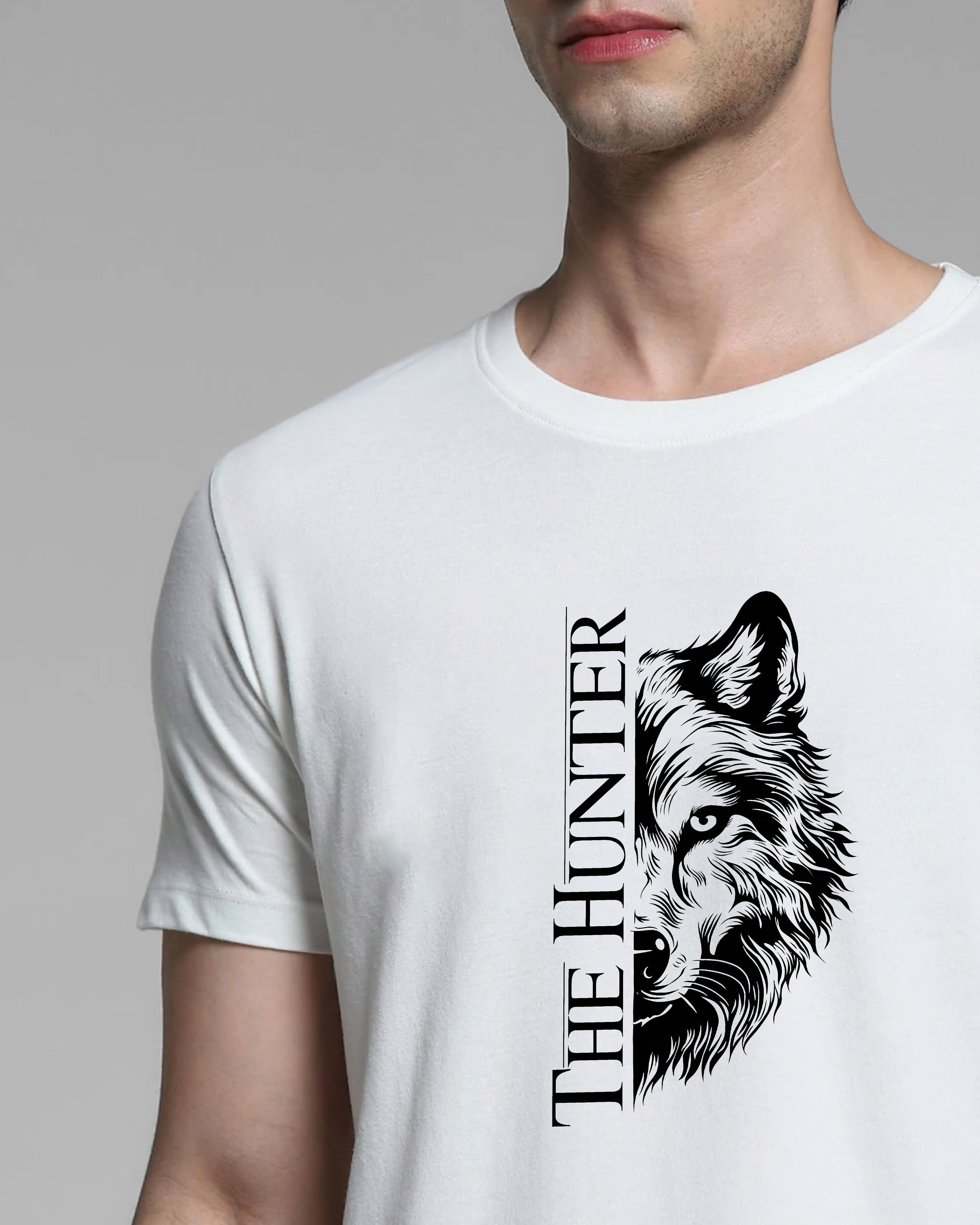 White t-shirt with a wolf graphic and 'The Hunter' text on a gray background