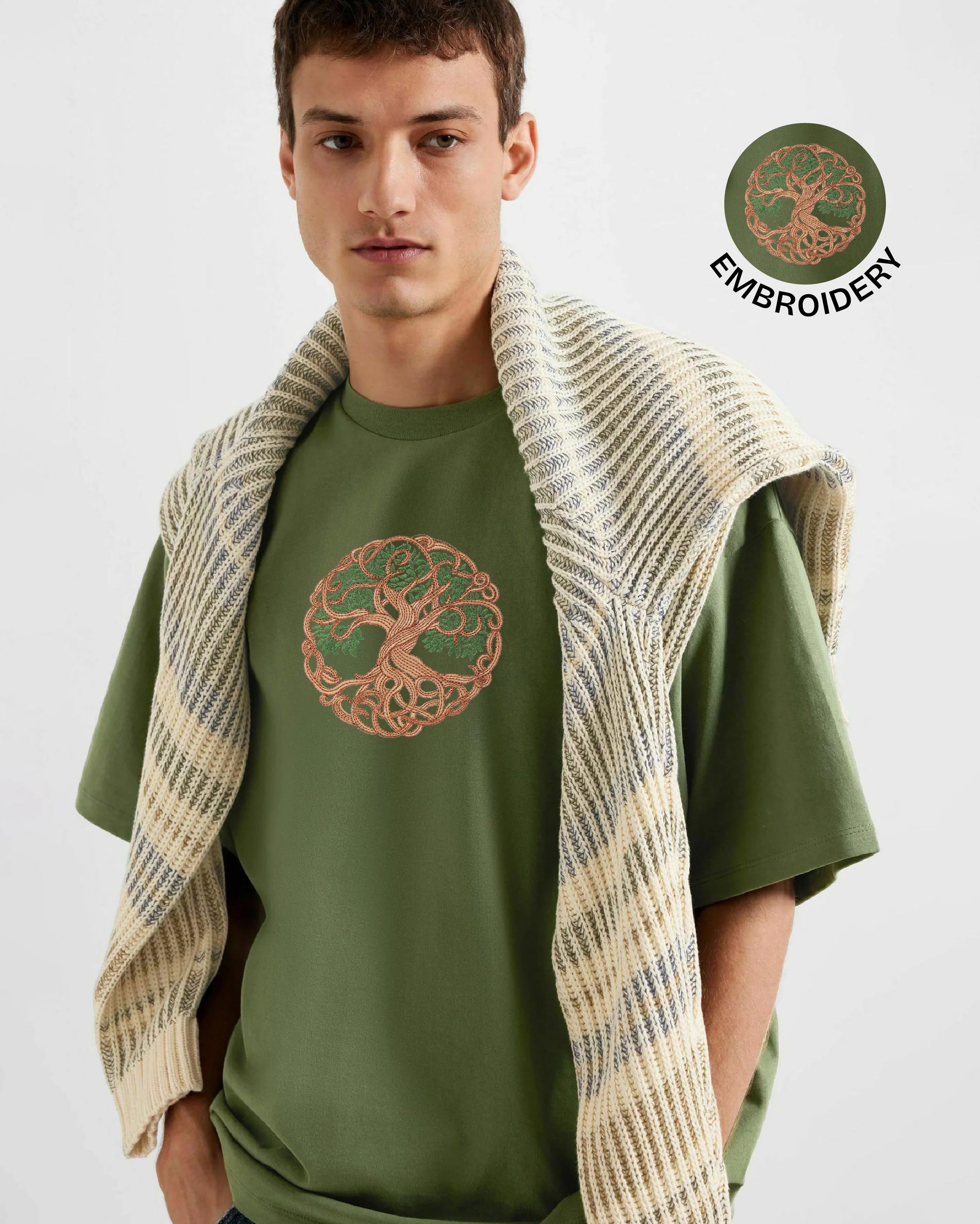 Tree of Life Embroidery Green Oversized T-Shirt