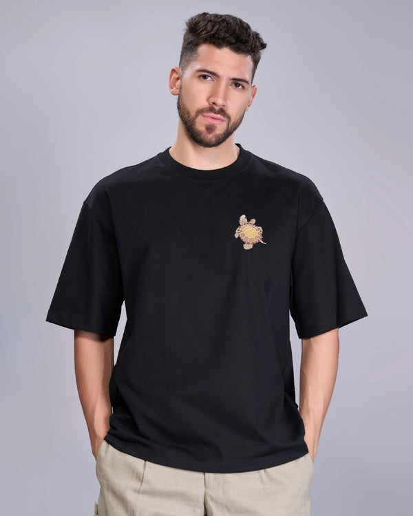 Turtle Wildlife Embroidery Oversized Black T-Shirt