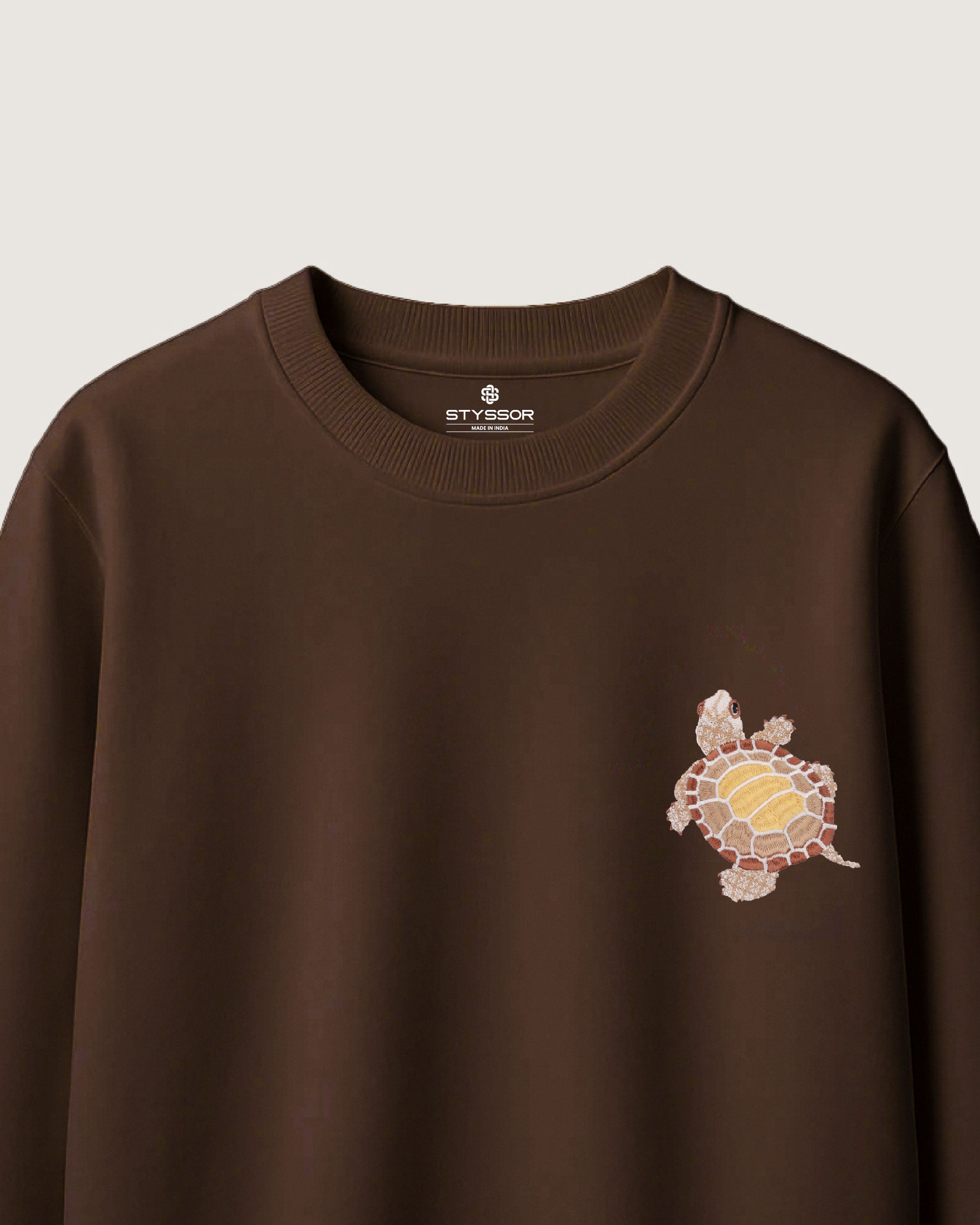 Turtle Wildlife Embroidery Oversized Brown T-Shirt