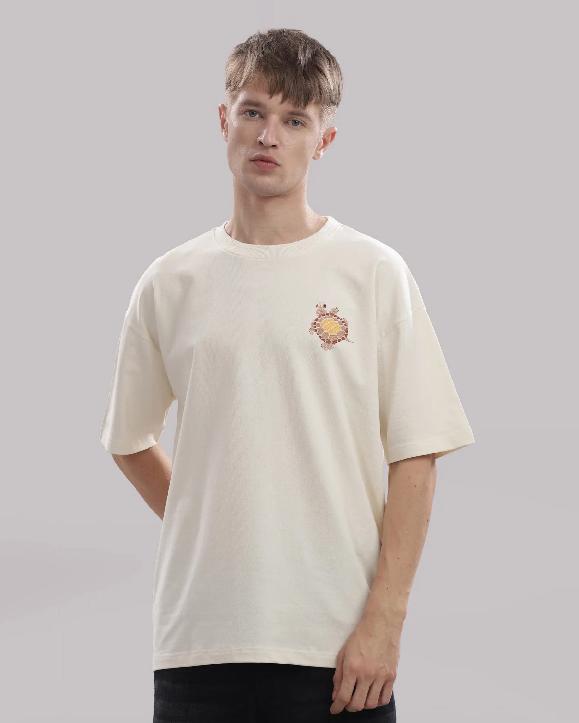 Turtle Wildlife Embroidery Oversized Off-White T-Shirt