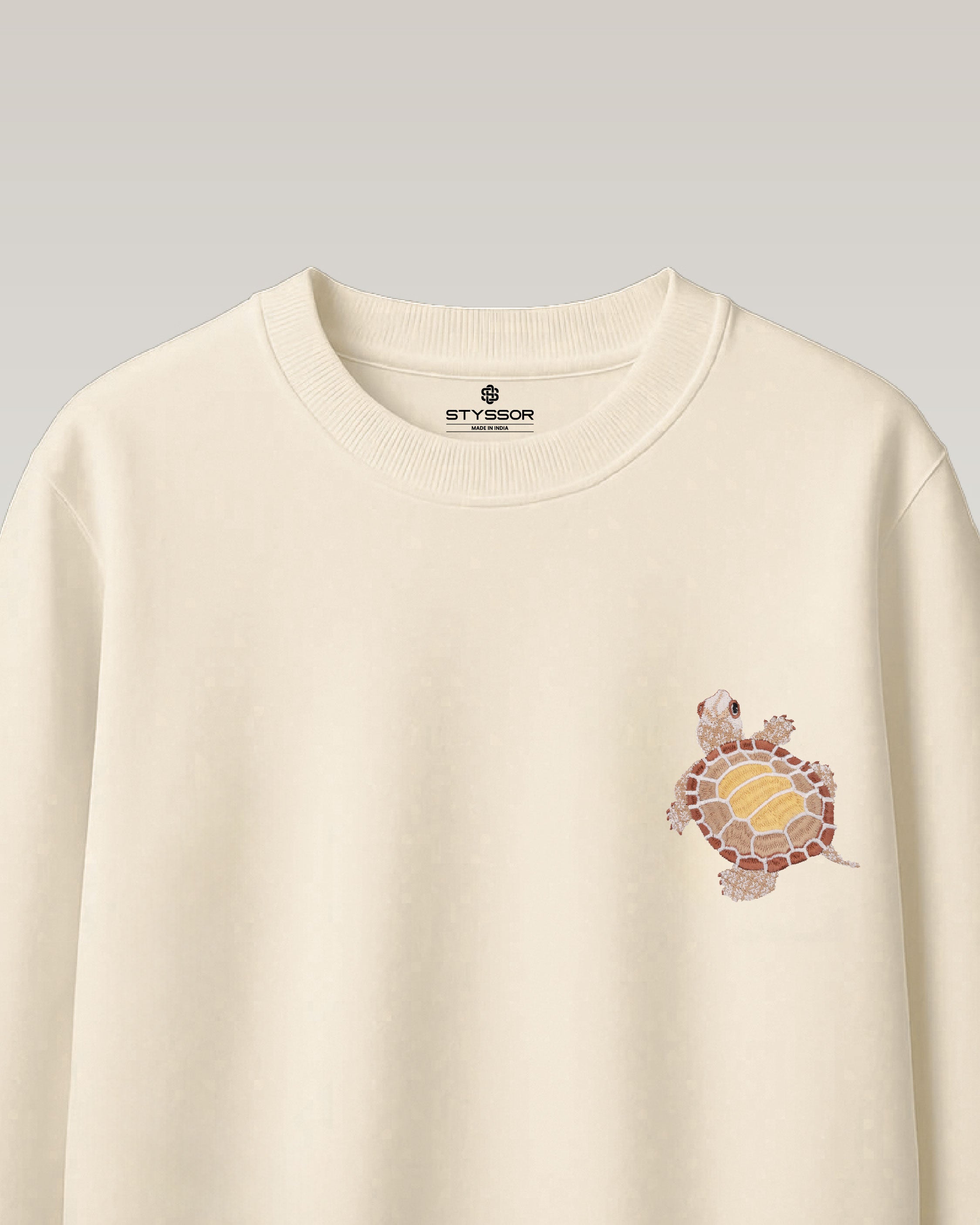 Turtle Wildlife Embroidery Oversized Off-White T-Shirt