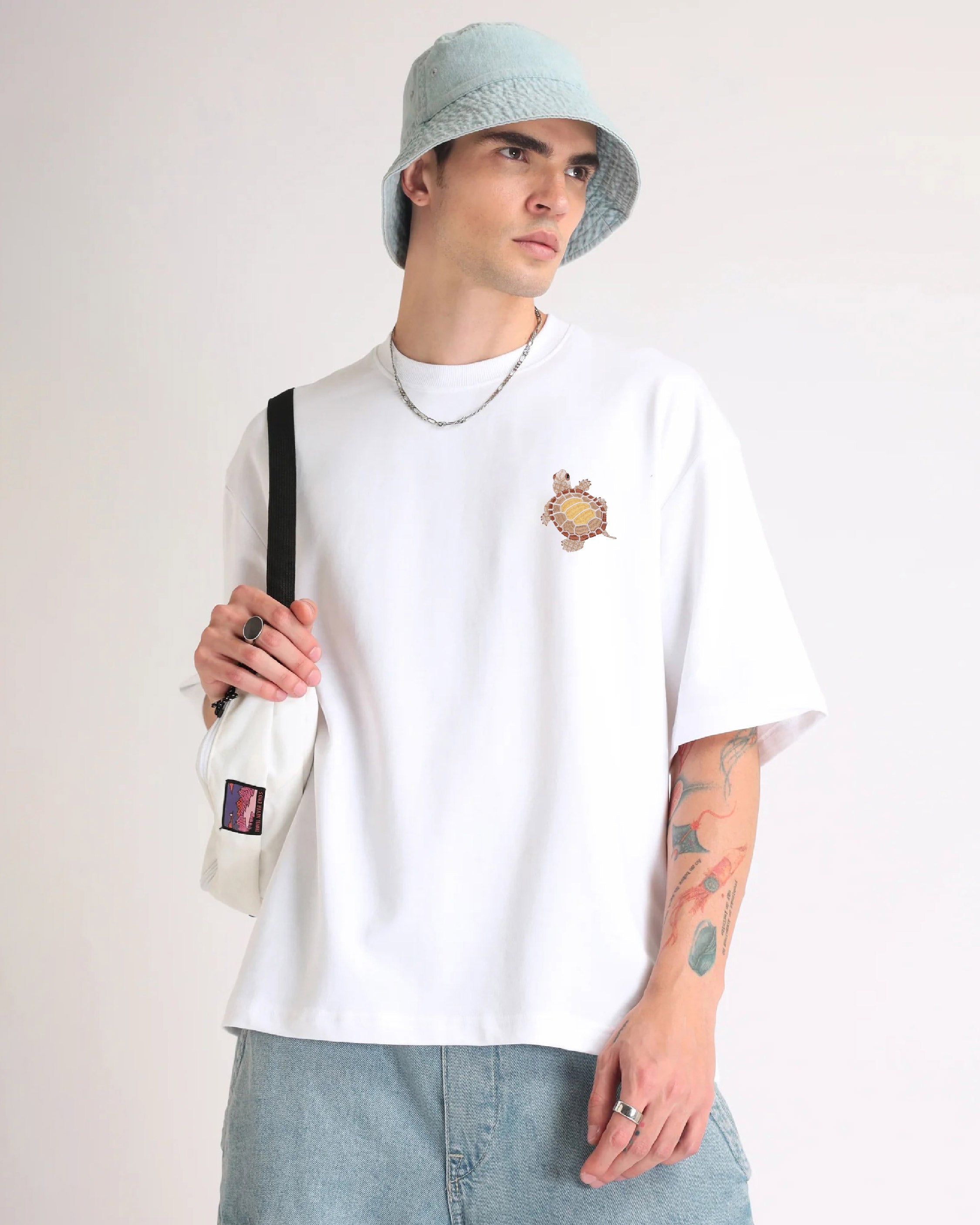 Turtle Wildlife Embroidery Oversized White T-Shirt