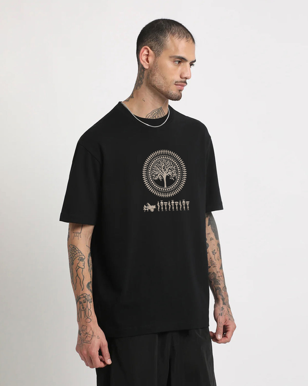 Warli Embroidery Black Oversized T-Shirt