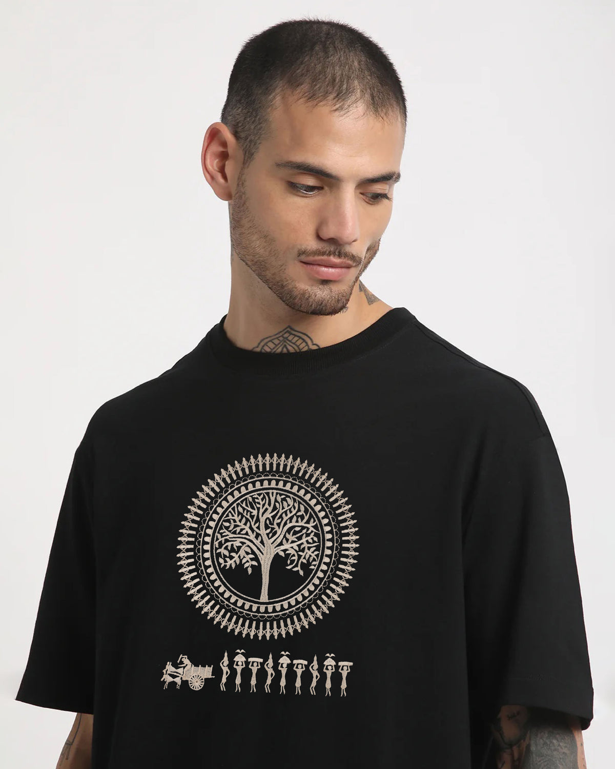 Warli Embroidery Black Oversized T-Shirt