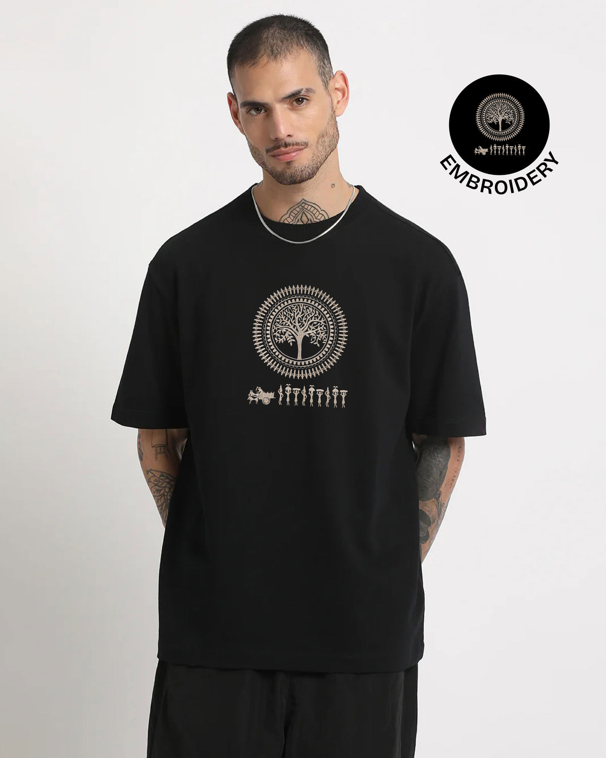Warli Embroidery Black Oversized T-Shirt