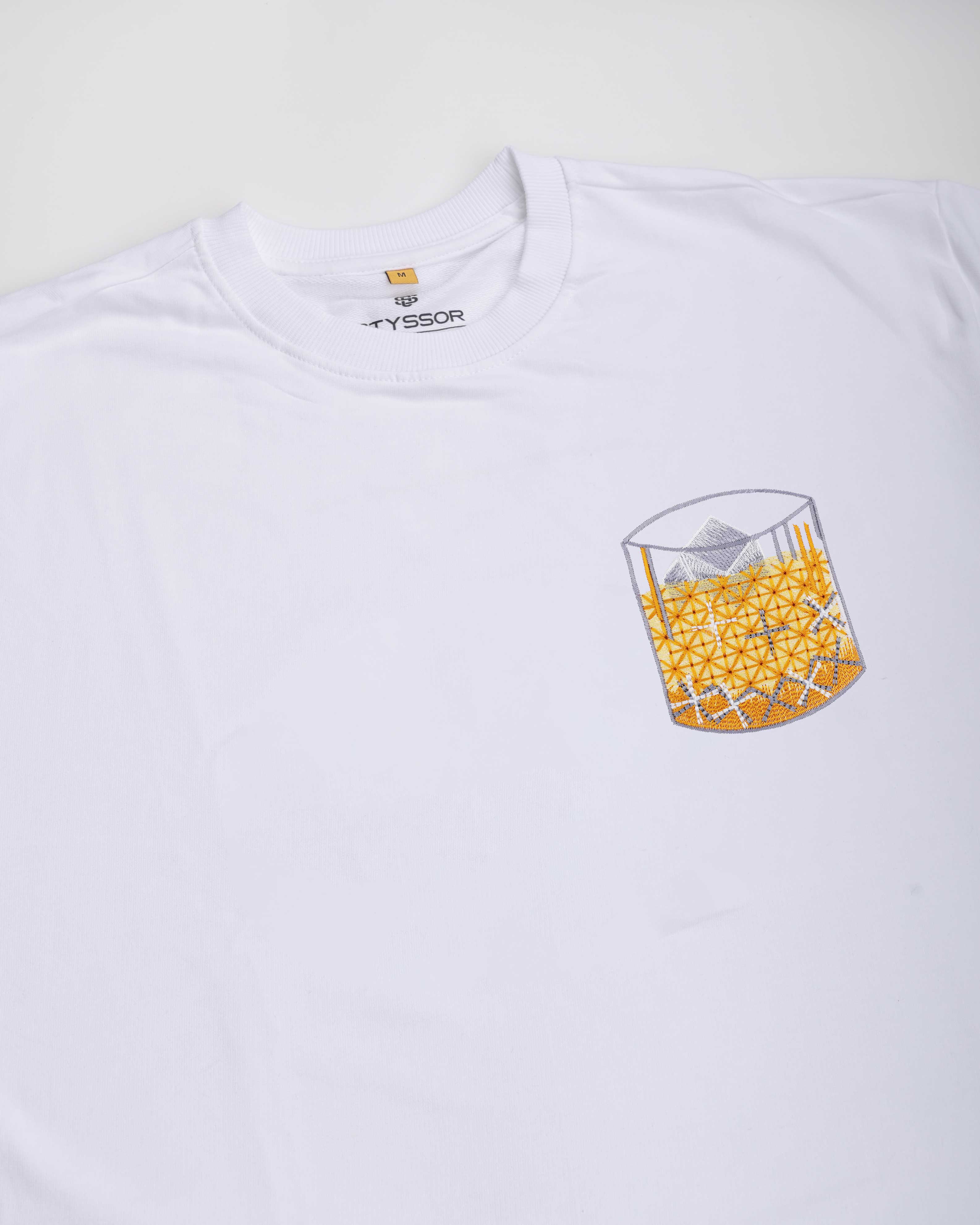 Whiskey Rocks Embroidery White Oversized T-Shirt