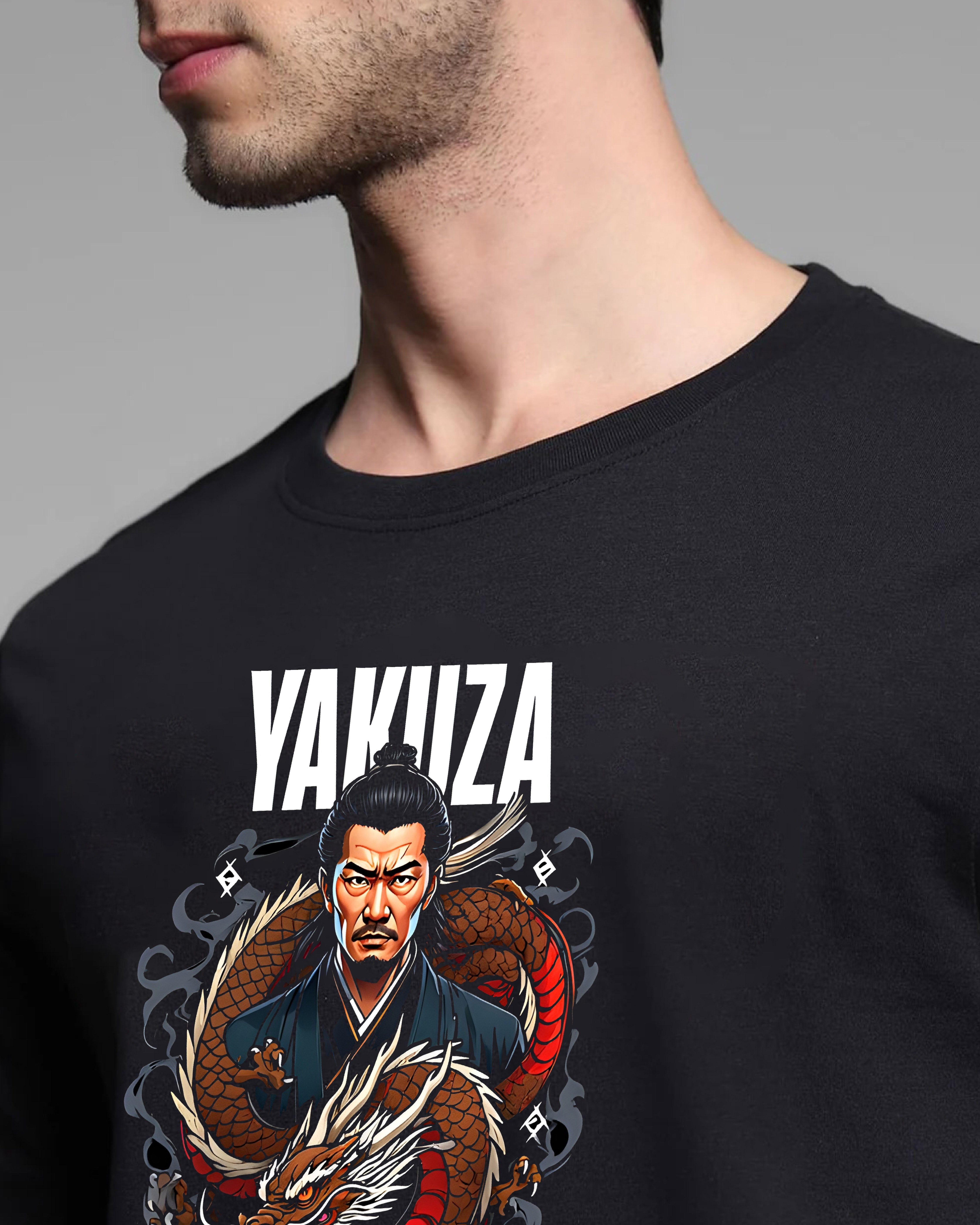Black t-shirt with Yakuza graphic design featuring a warrior and dragon on a gray background