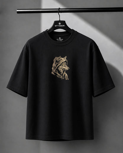Wolf Embroidered Men Black Oversized T-Shirt