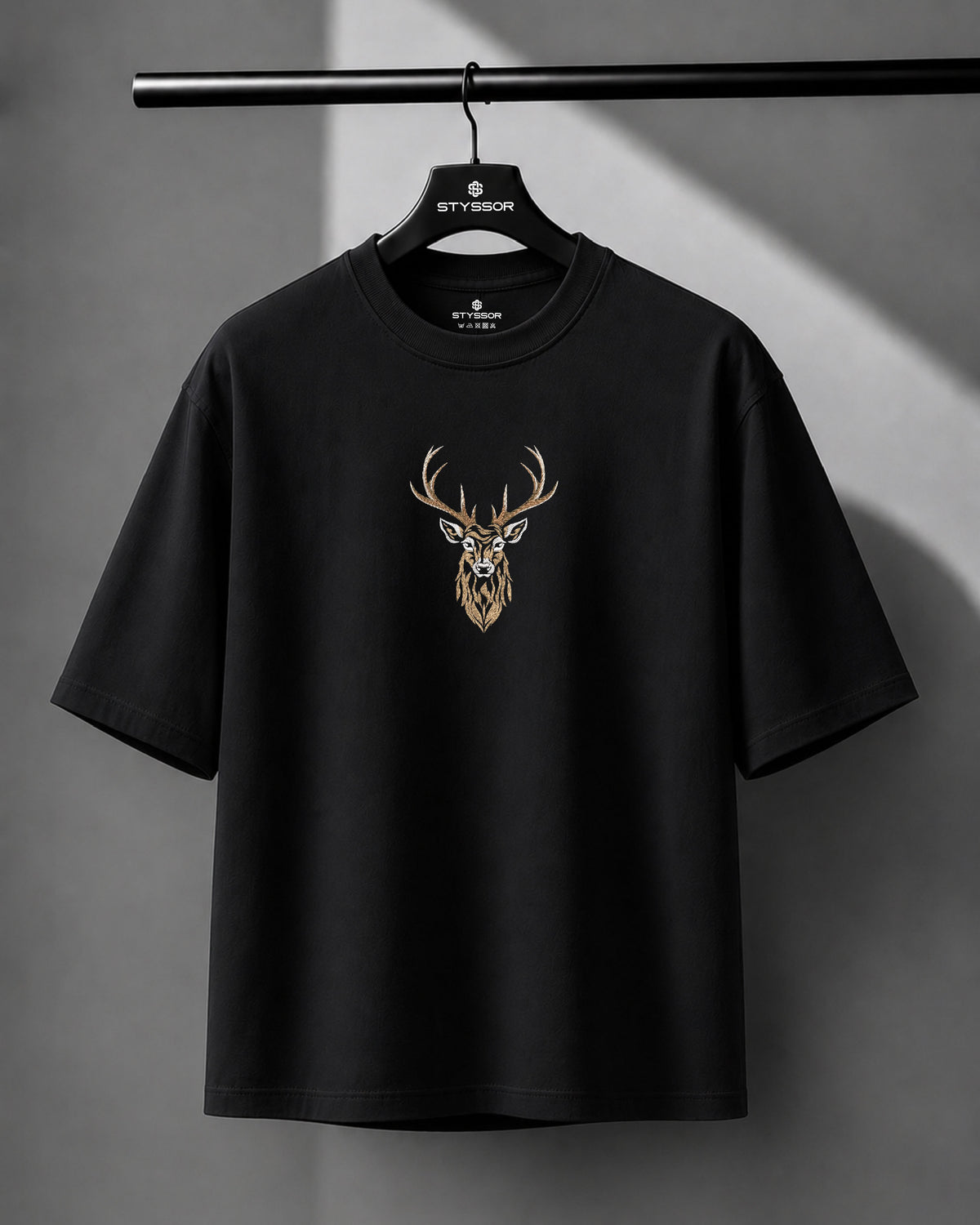 Deer Embroidery Design Black Oversized T-Shirt