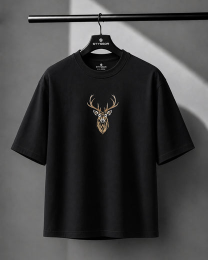 Deer Embroidery Design Black Oversized T-Shirt