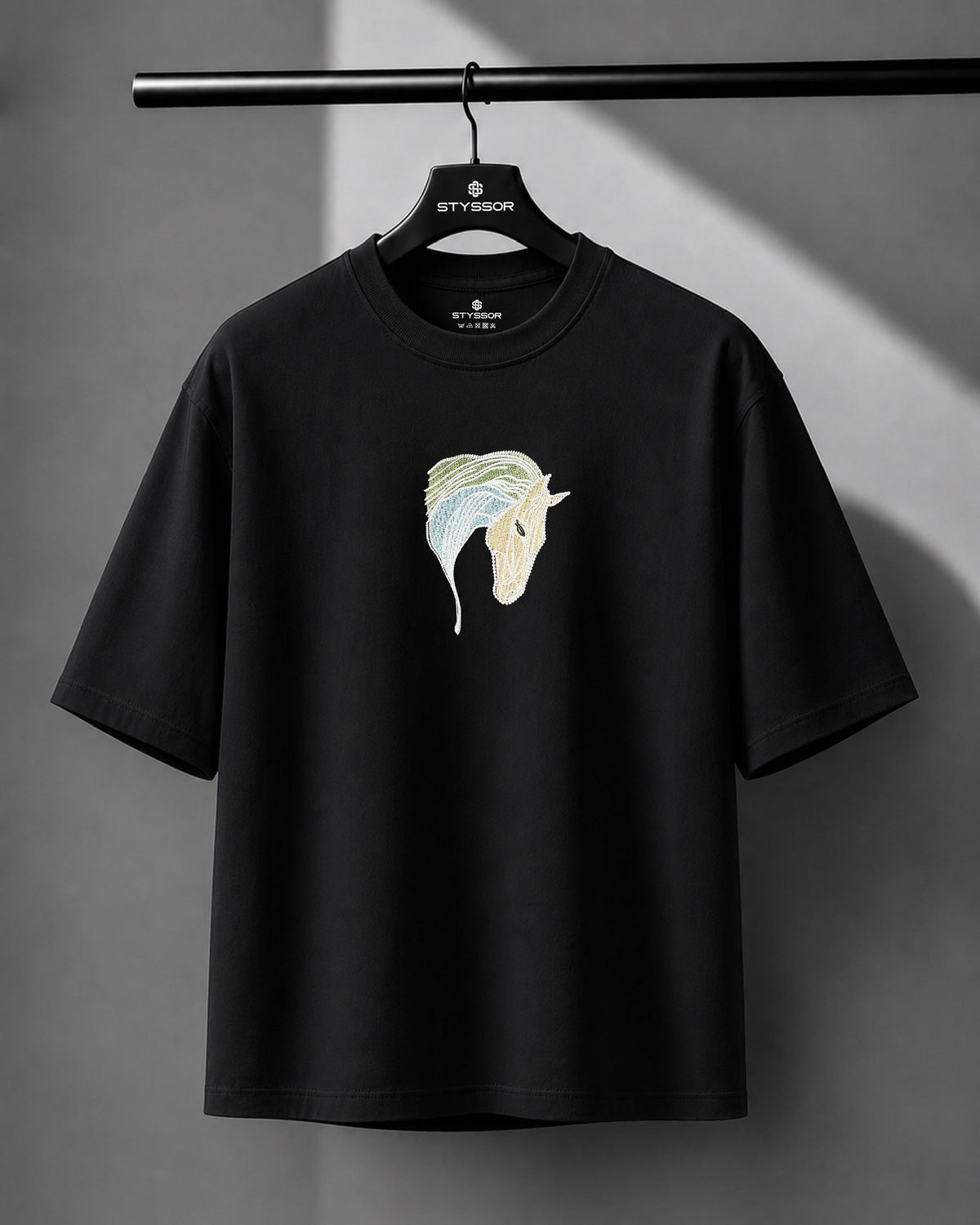 Horse Face Embroidery Black Oversized T-Shirt