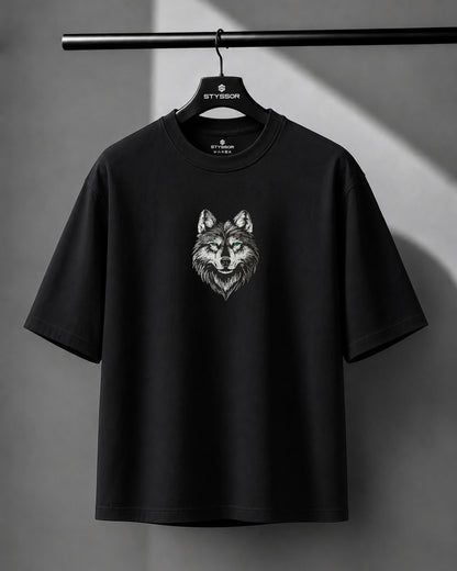 Wolf Face Embroidery Black Oversized T-Shirt