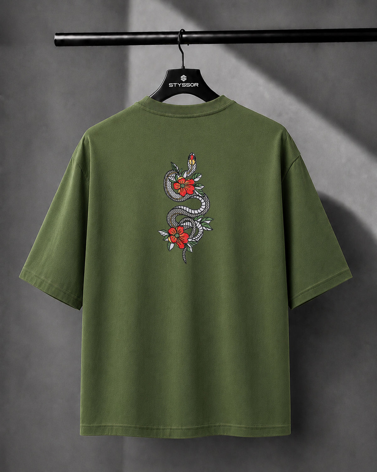 Snake & flowers Embroidery Green Oversized T-Shirt