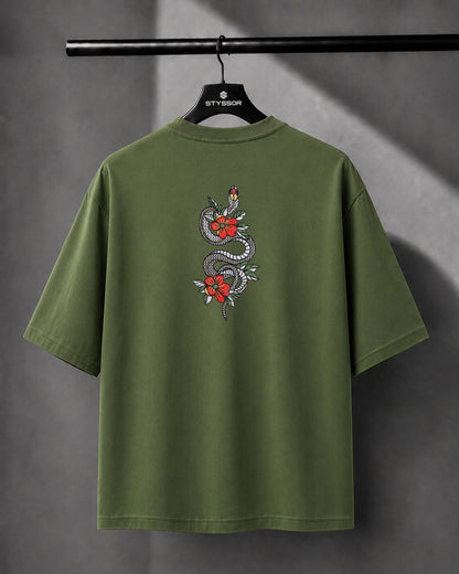 Snake & flowers Embroidery Green Oversized T-Shirt