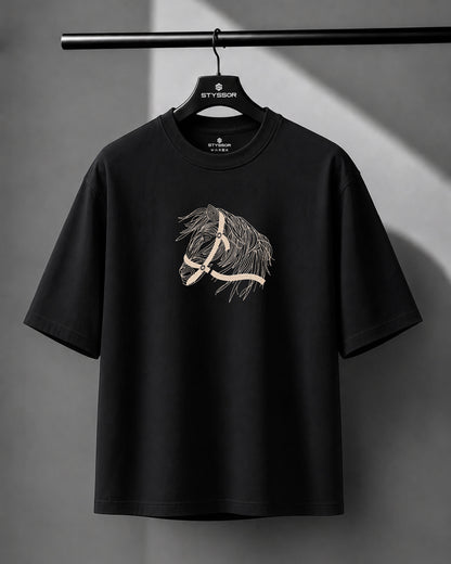 Horse Face Embroidery Oversized Black T-Shirt