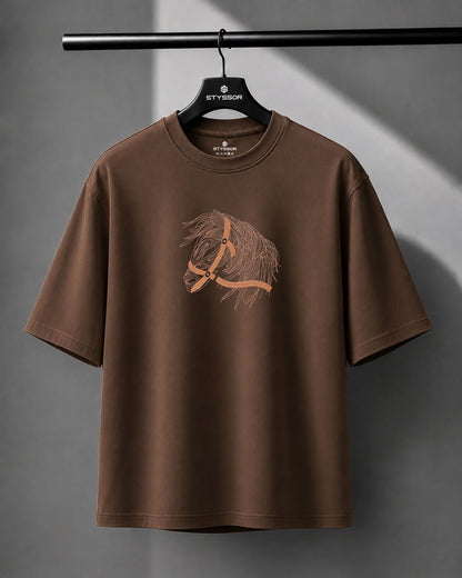Horse Face Embroidery Oversized Brown T-Shirt