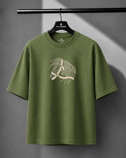 Horse Face Embroidery Oversized Green T-Shirt